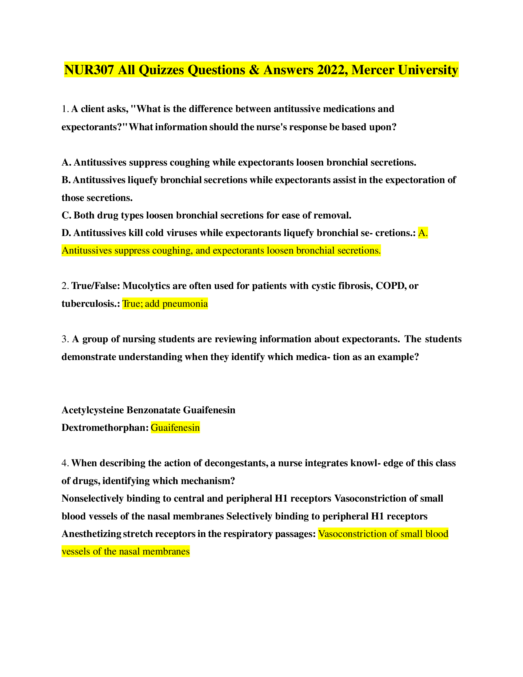 NUR307 All Quizzes Questions & Answers 2022, Mercer University