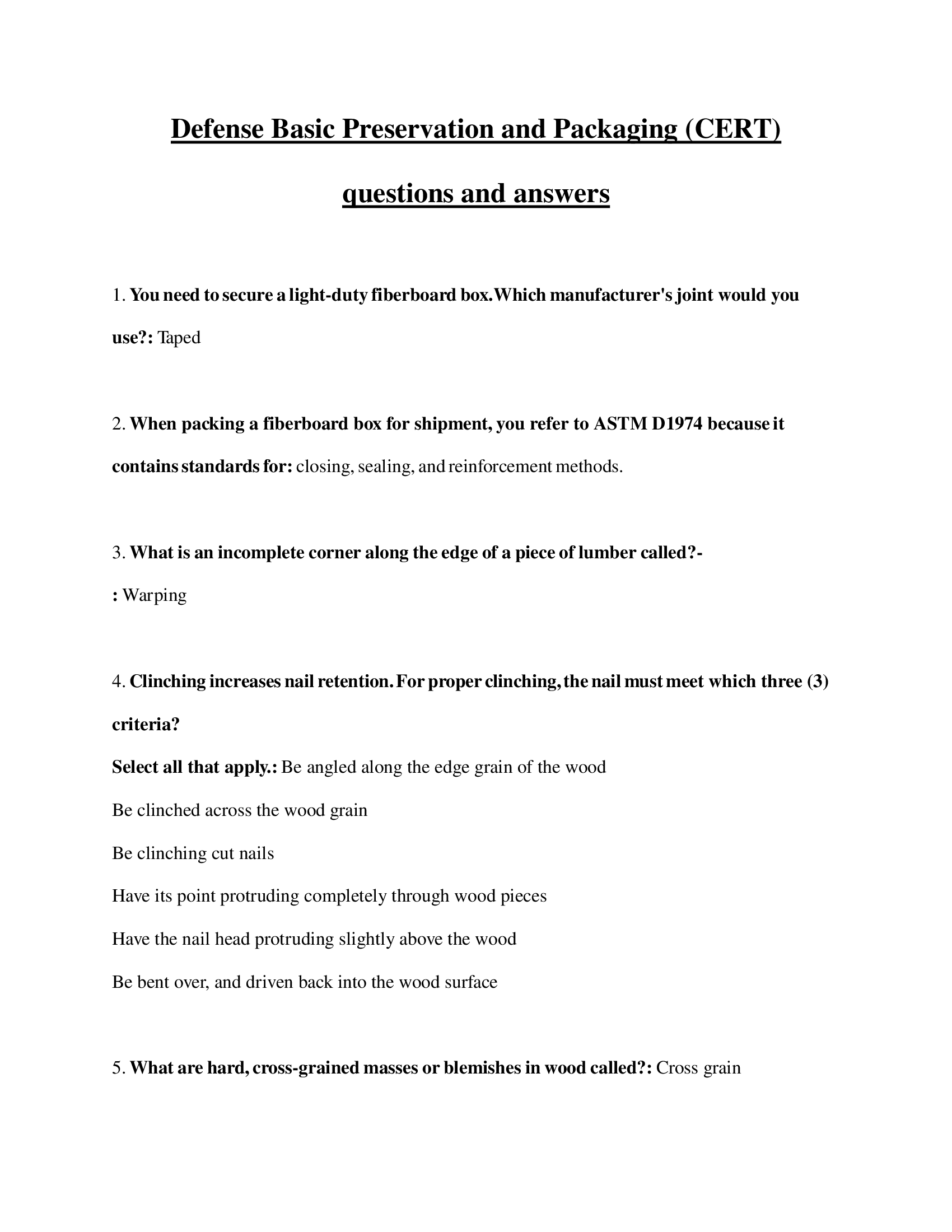 Defense Basic Preservation and Packaging (CERT) questions and answers