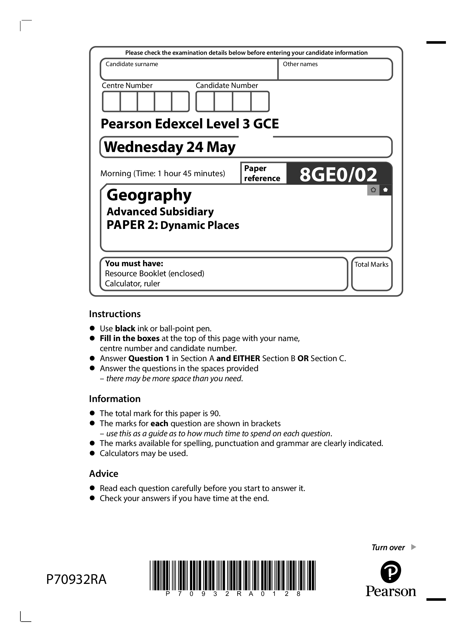 Pearson Edexcel A Level 3 GCE (9GE0,02) Geography Advanced PAPER 2 Dynamic Places + mark scheme May 2026 (Actual Exam)