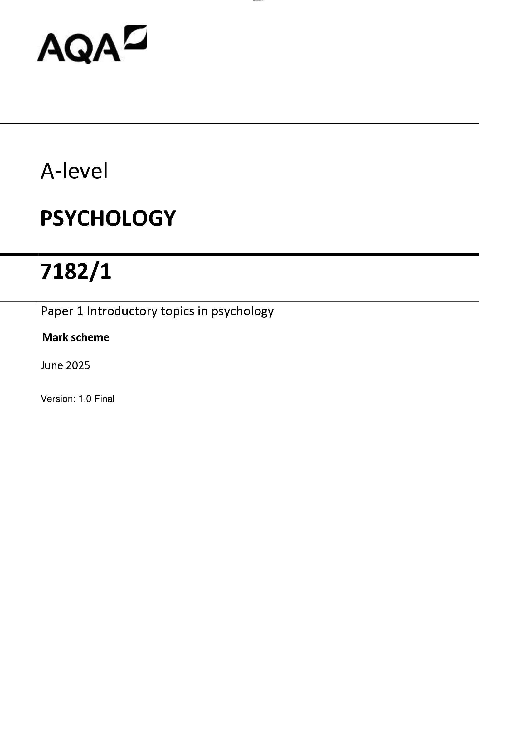 Actual 2026 AQA A-level Psychology 7182,1 Paper 1 Merged Question Paper + Mark Scheme + Insert