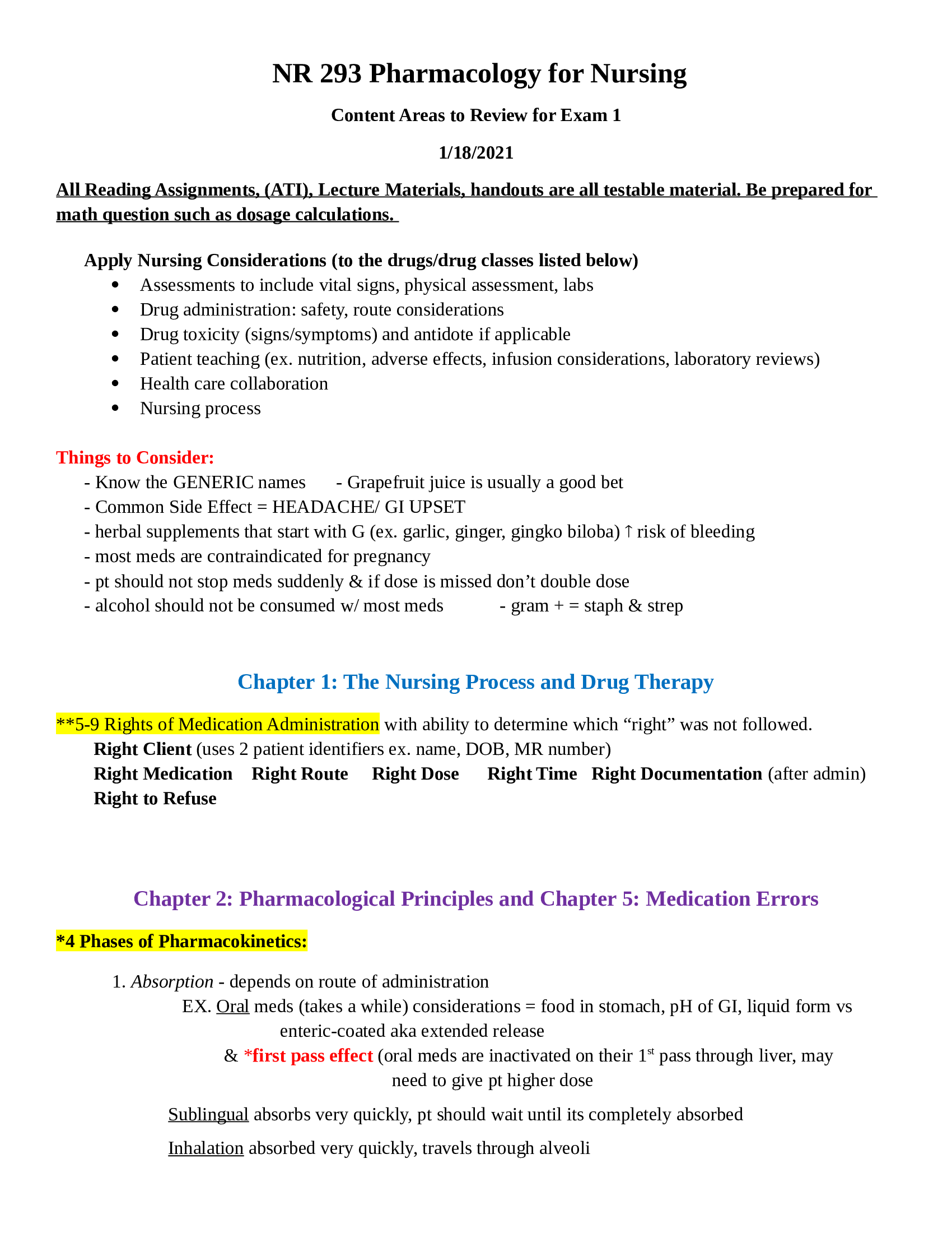 NR 293 Pharmacology for Nursing Content Areas to Review for Exam 1 (Latest 2021)