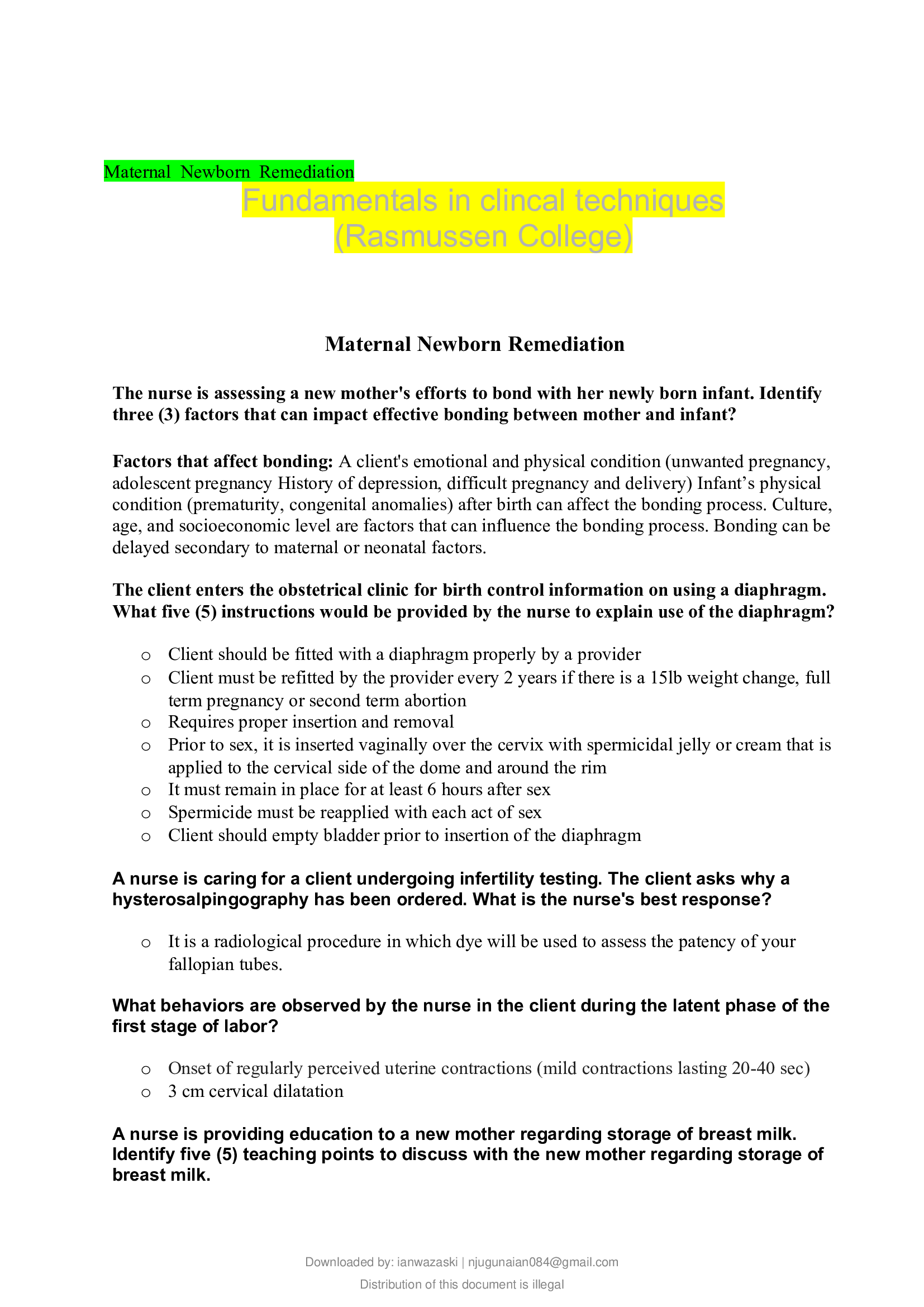 Maternal  Newborn  Remediation Fundamentals in clincal techniques (Rasmussen College)