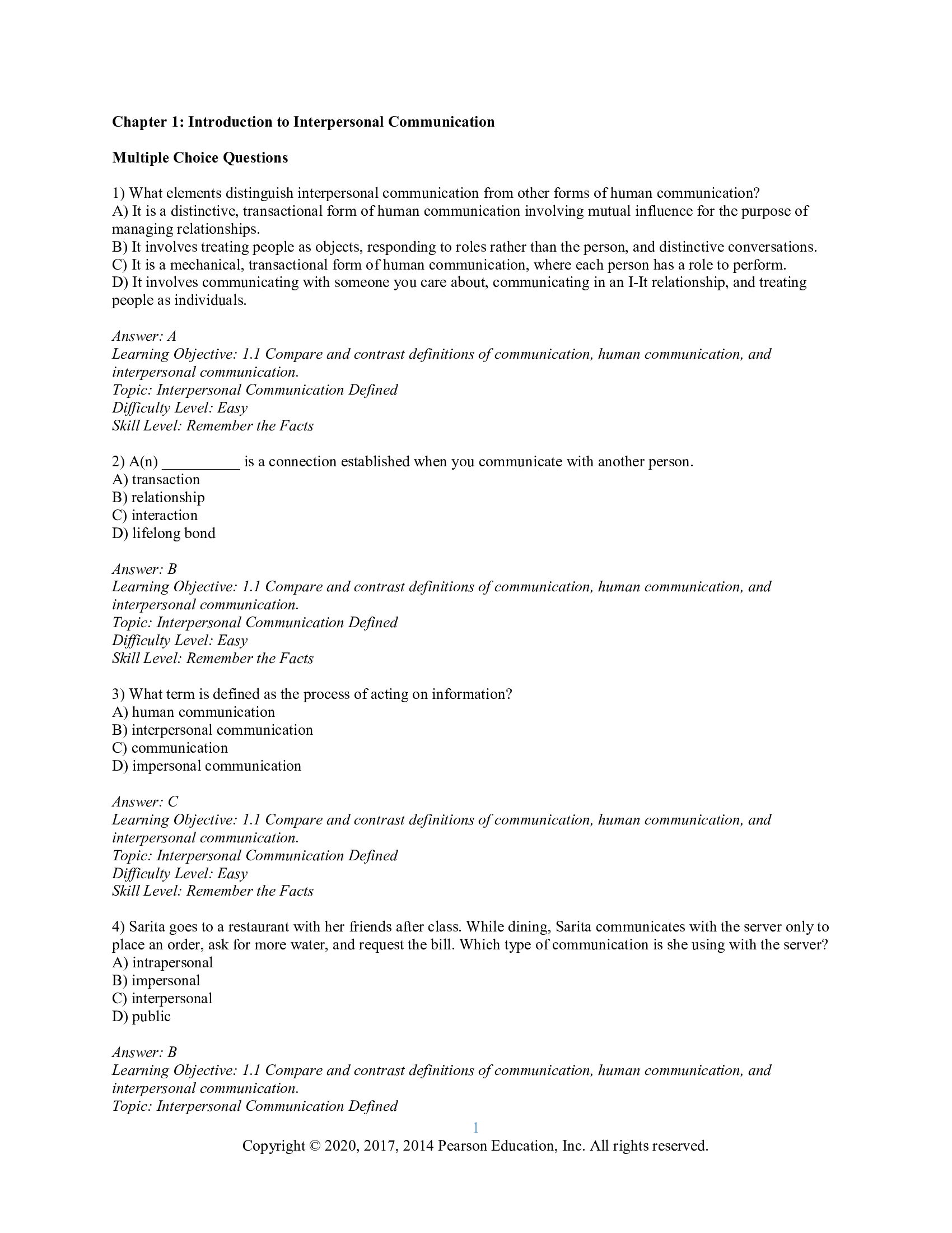 Test Bank For Interpersonal Communication Relating To Others 9th Edition Steven A. Beebe, Susan J. Beebe Mark V. Redmond