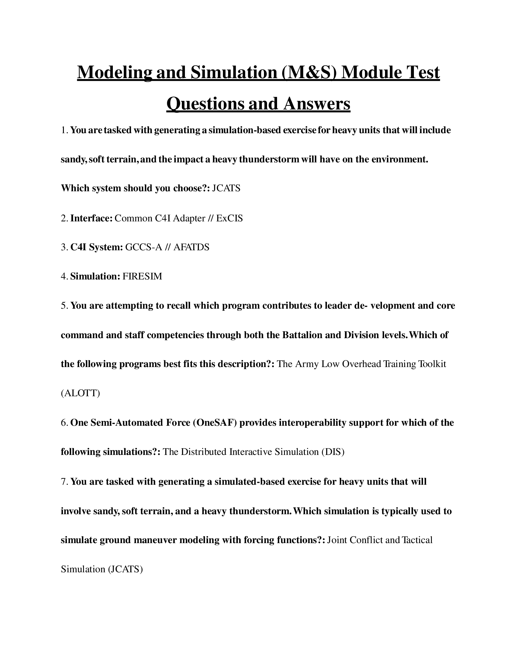 Modeling and Simulation (M&S) Module Test Questions and Answers