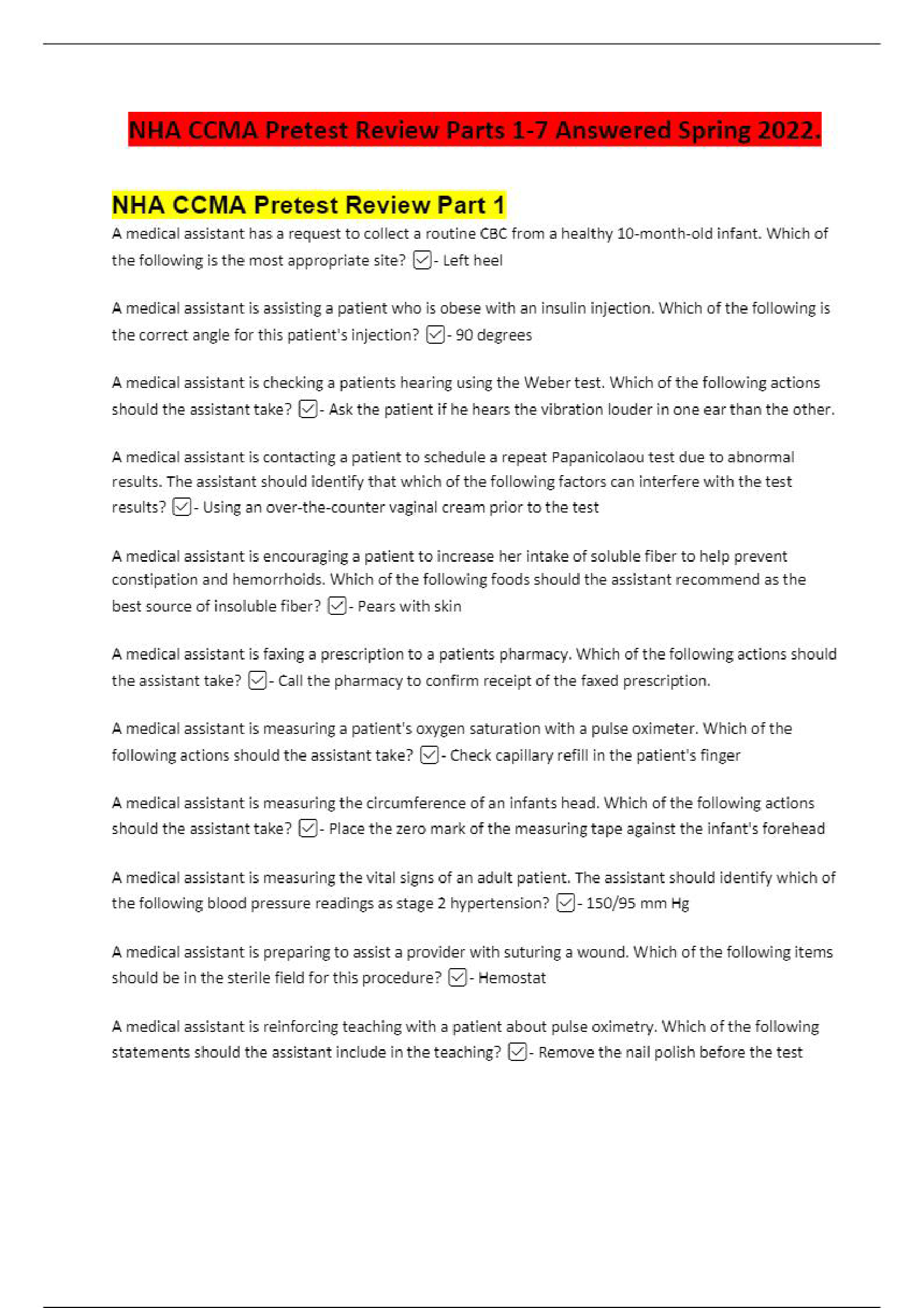 NHA® CCMA Exam Pretests 1-7 latest spring 2022