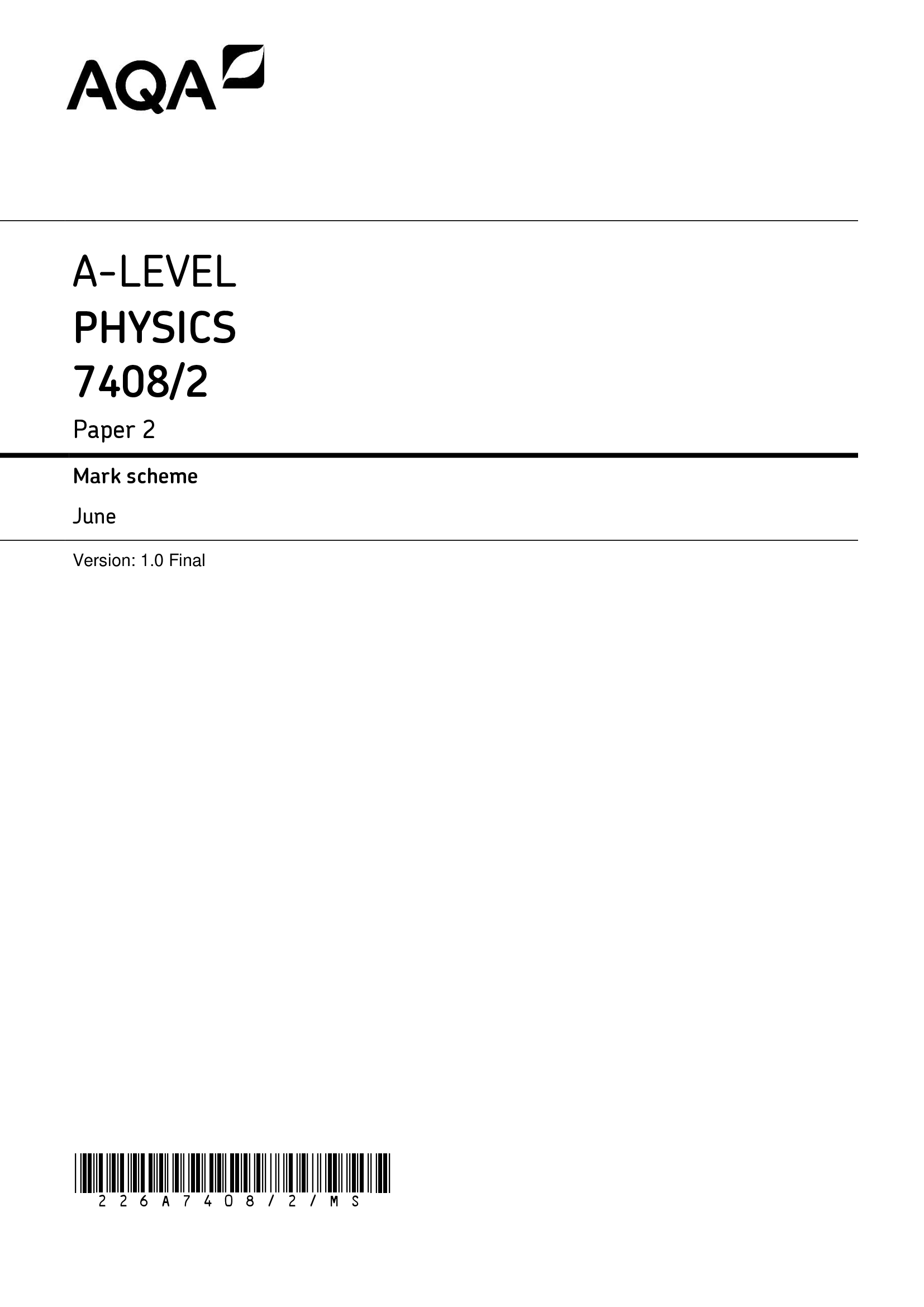 Actual 2026 AQA A-level PHYSICS 7408,2 Paper 2 Merged Question Paper + Mark Scheme + Insert