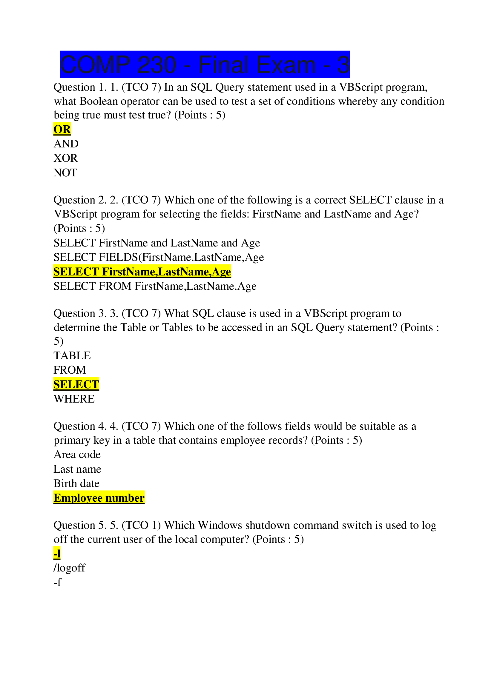 COMP 230 Final Exam 3; Latest update 2021