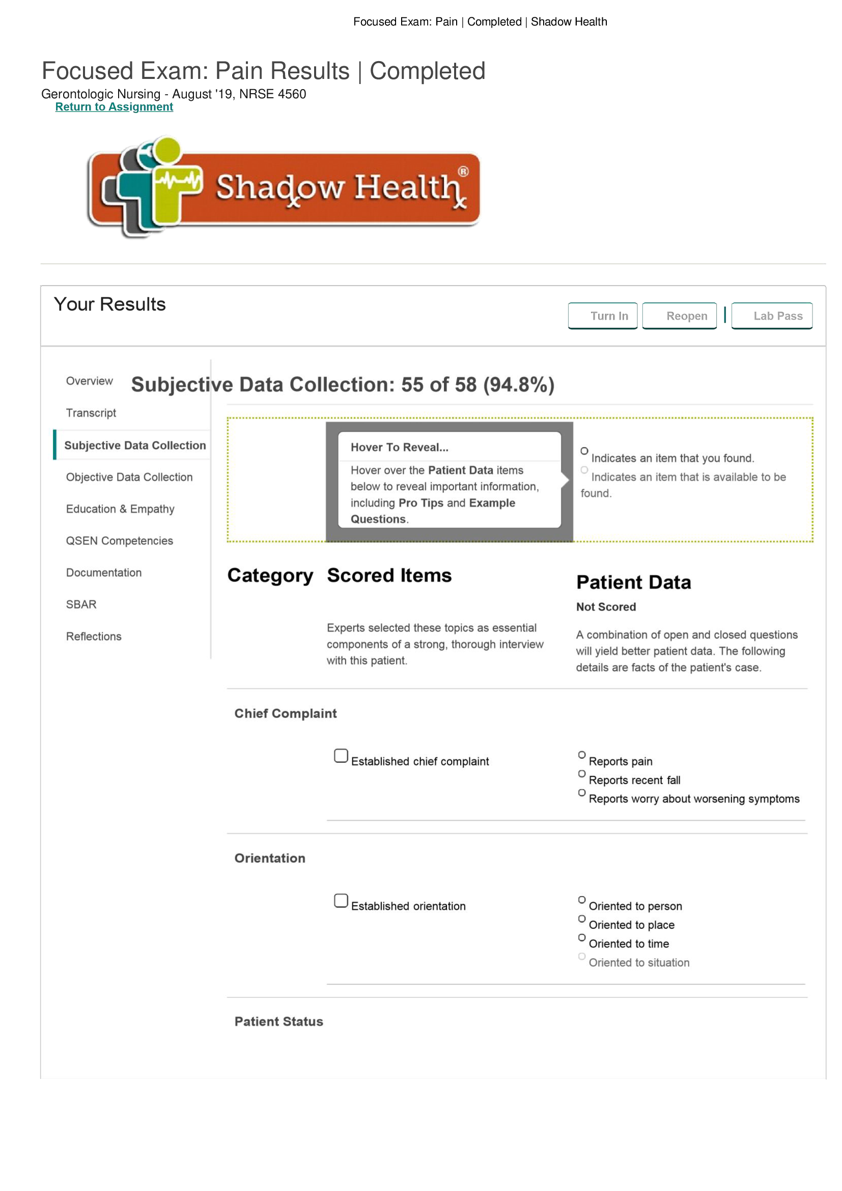 Focused Exam  Pain  Completed Shadow Health objective 2020 Graded A