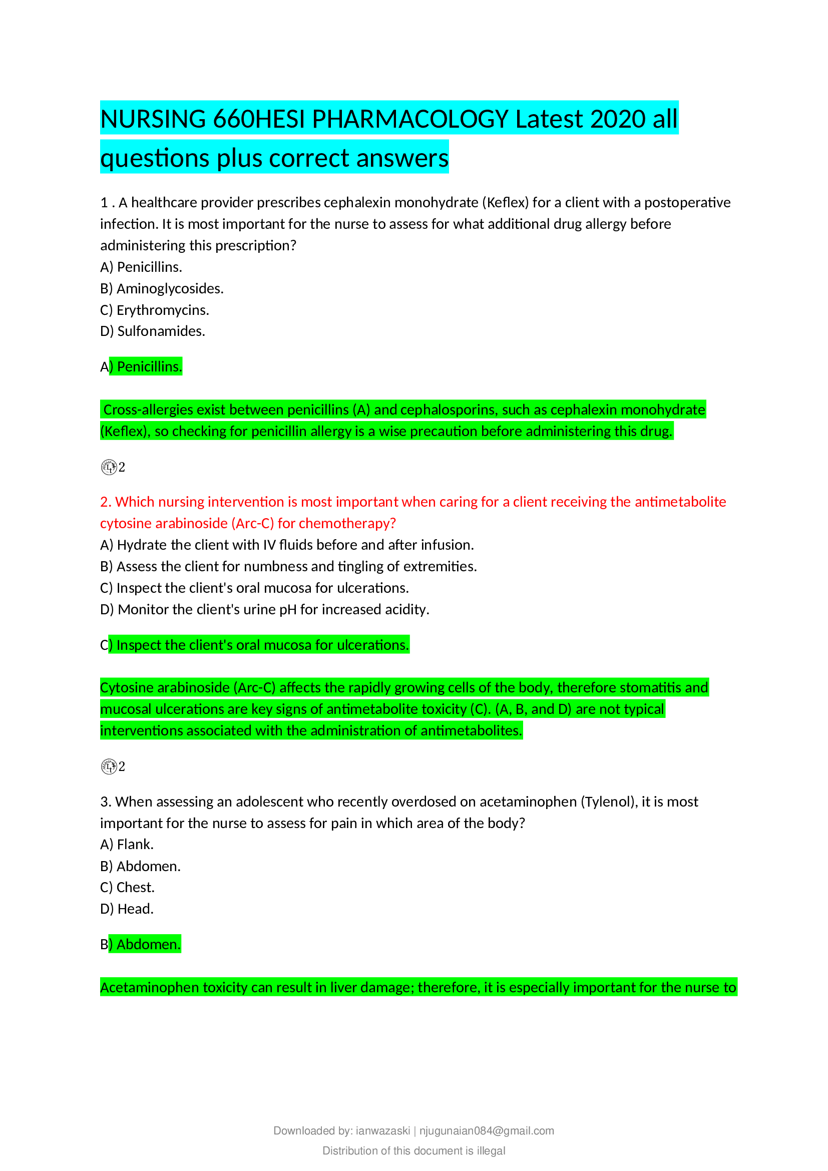 NURSING 660 HESI PHARMACOLOGY Latest 2020