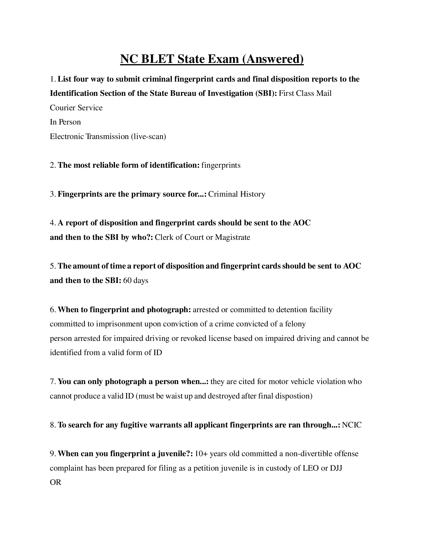 NC BLET State Exam (Answered)