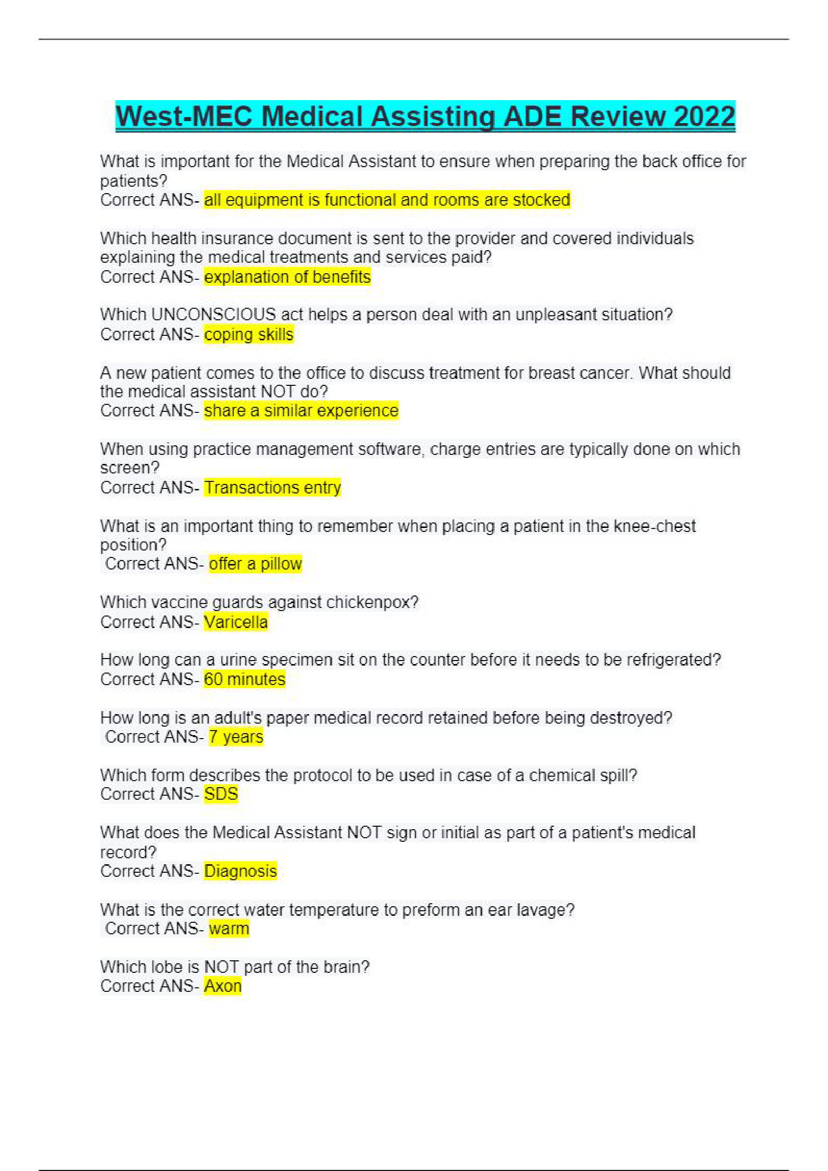 West-MEC Medical Assisting ADE 2022,Complete Solution guide