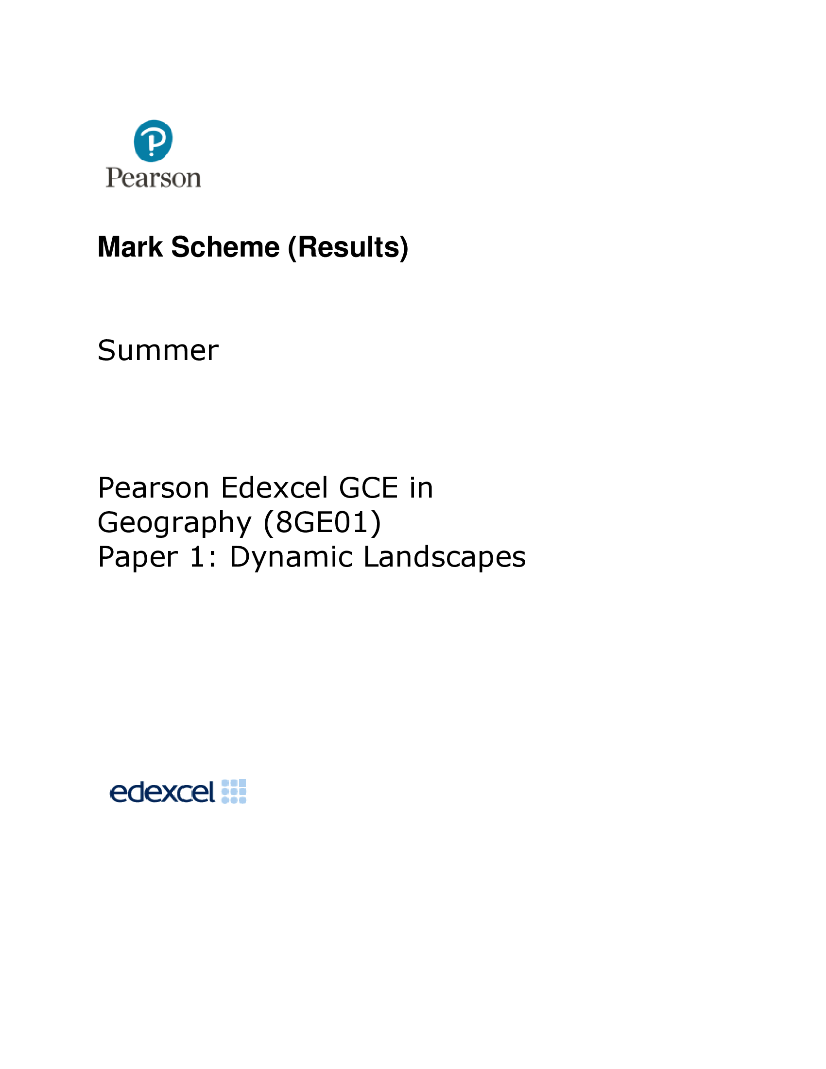 Pearson Edexcel A Level 3 GCE (9GE0,02) Geography Advanced PAPER 1 Dynamic Landscapes + mark scheme May 2026