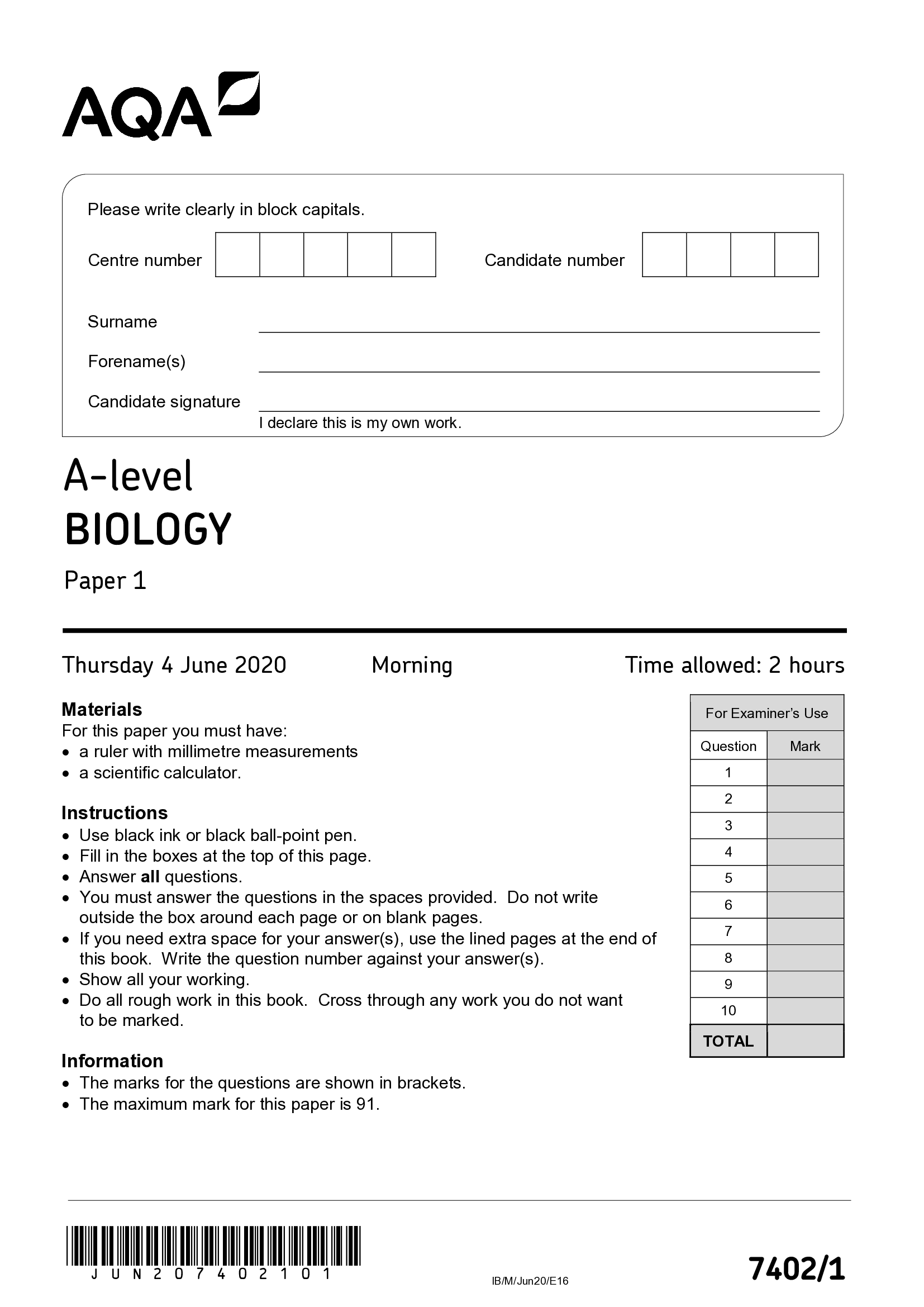 AQA A LEVEL BIOLOGY PAPER 1 MARKING SCHEME 2020