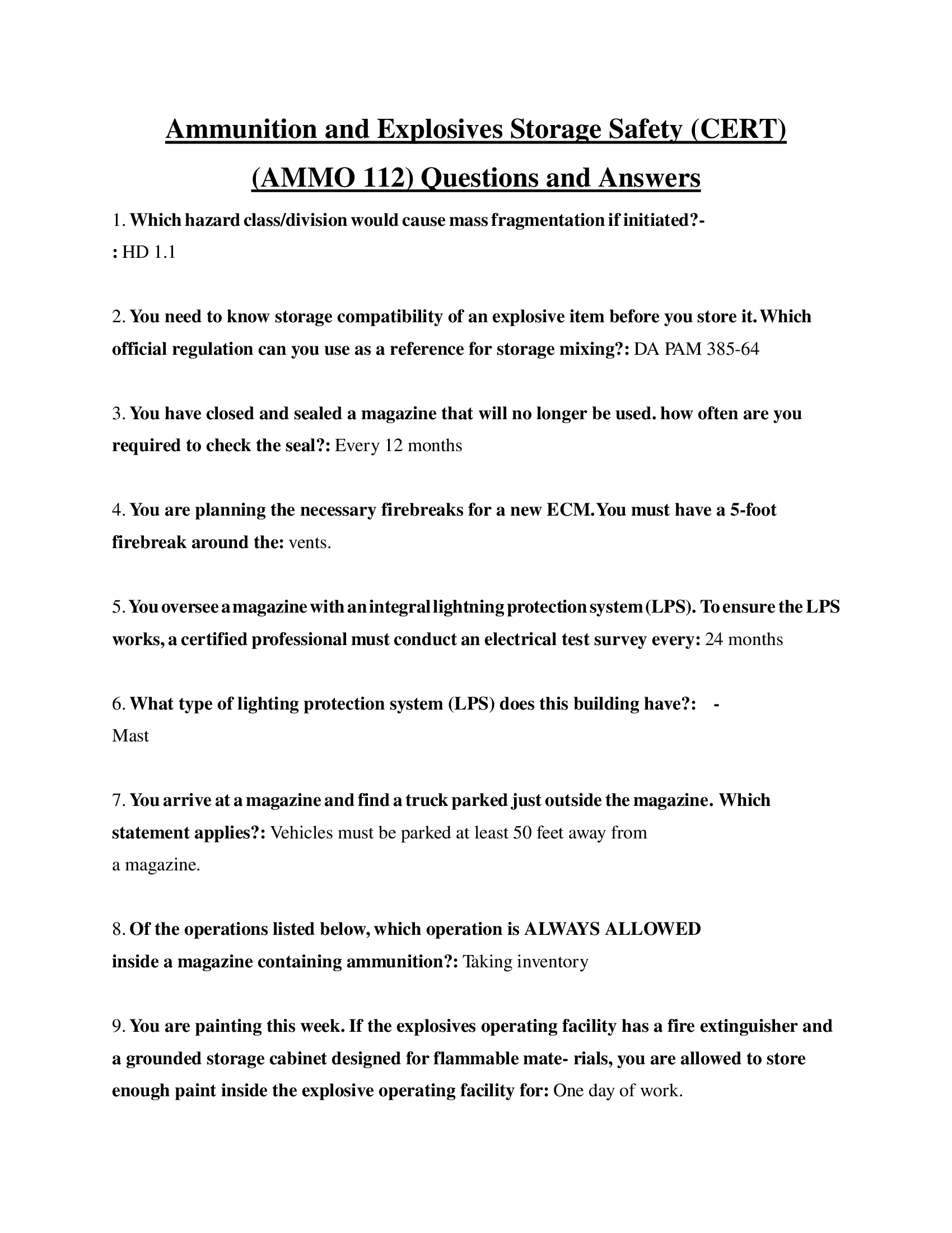 Ammunition and Explosives Storage Safety (CERT) (AMMO 112) Questions and Answers