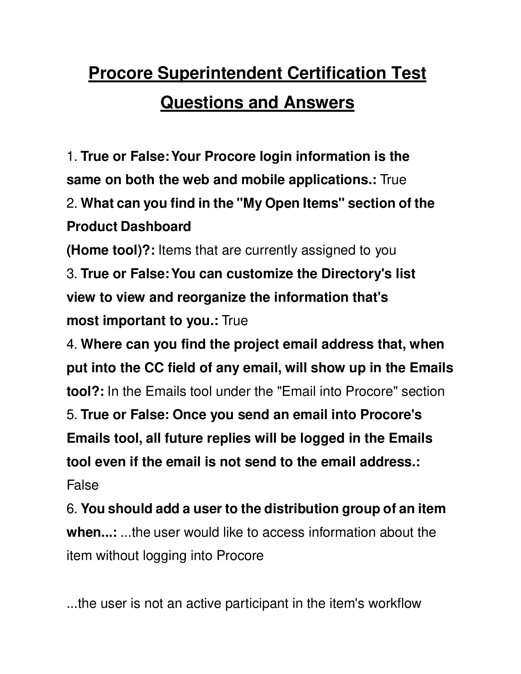 Procore Superintendent Certification Test Questions and Answers 2023