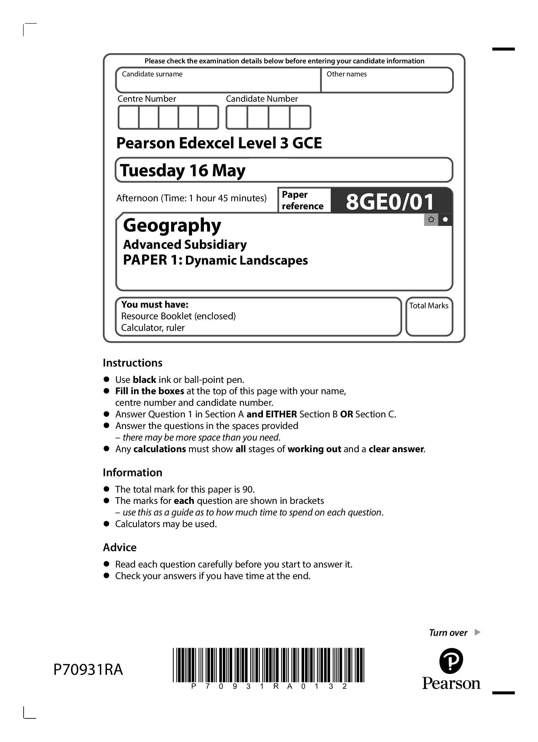 Pearson Edexcel A Level 3 GCE (9GE0,02) Geography Advanced PAPER 1 + mark scheme May 2026