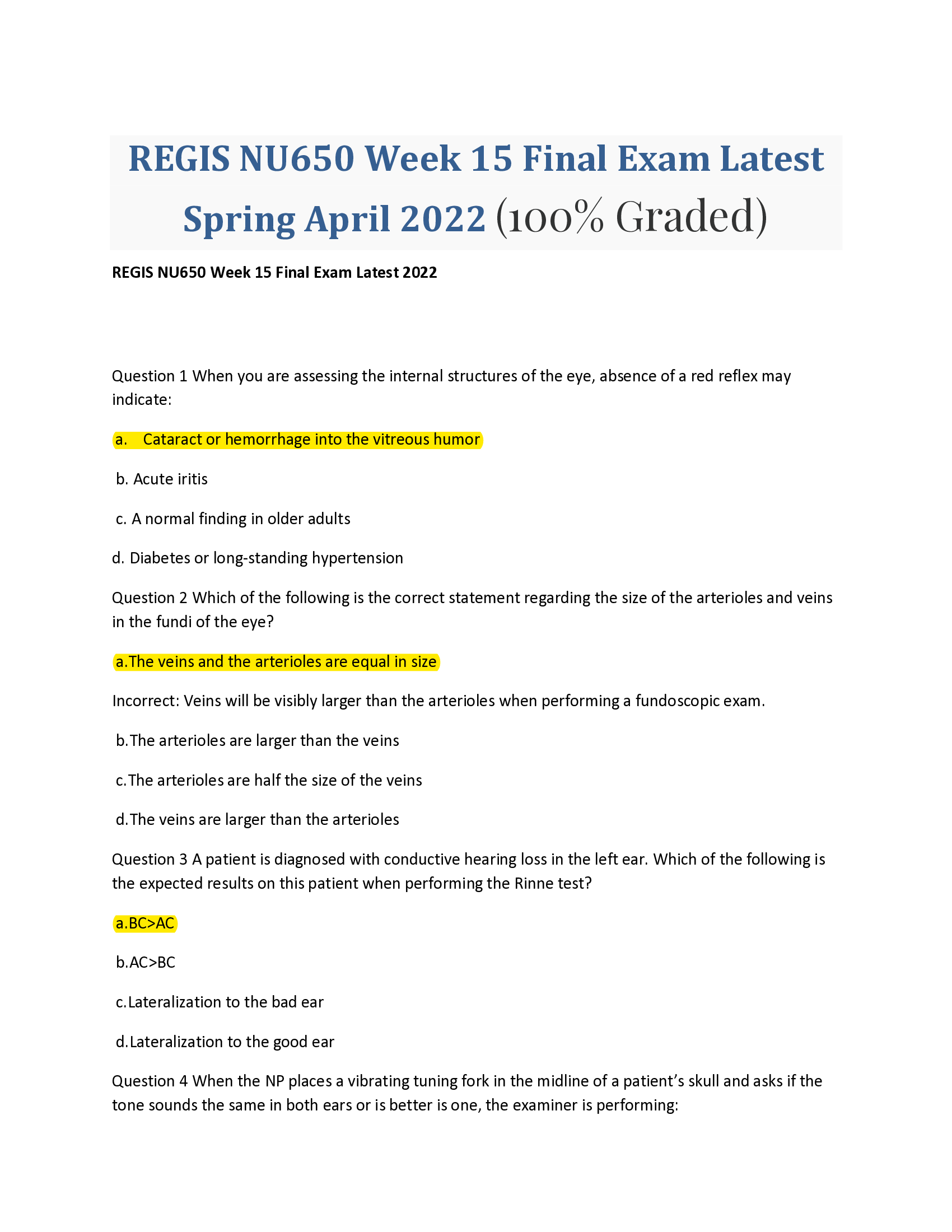 REGIS NU650 Week 15 Final Exam Latest Spring April 2022
