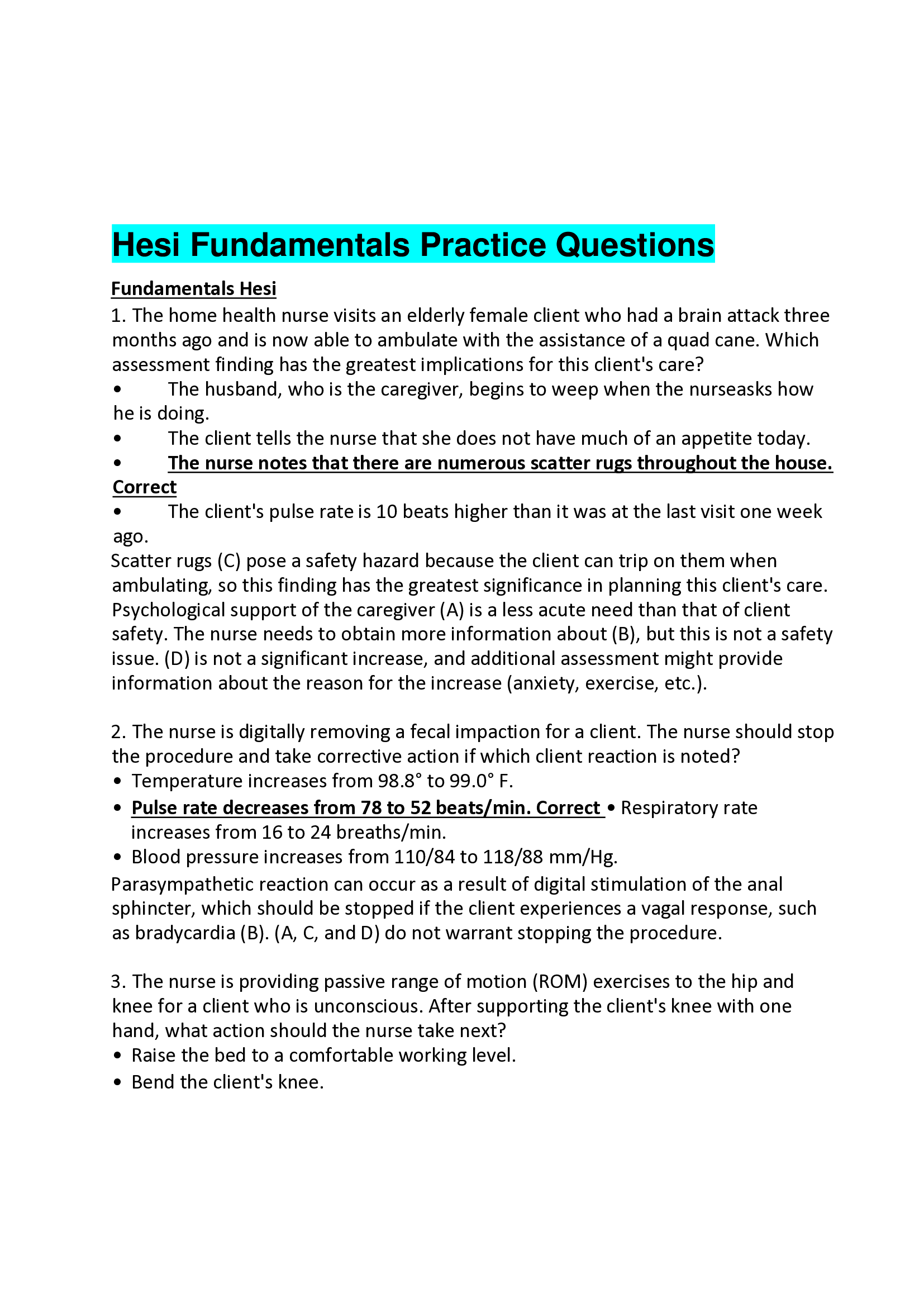 Hesi Fundamentals Practice Questions(Graded A 2021)