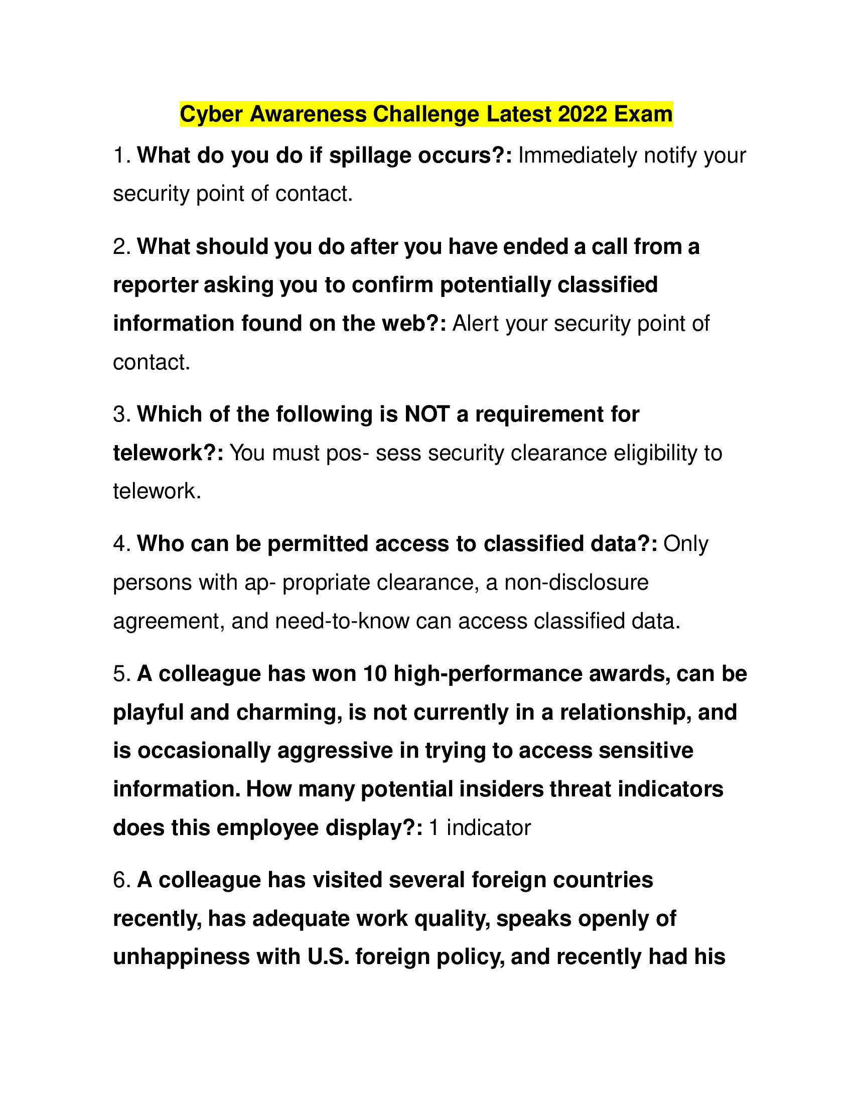 Cyber Awareness Challenge Latest 2022 Exam