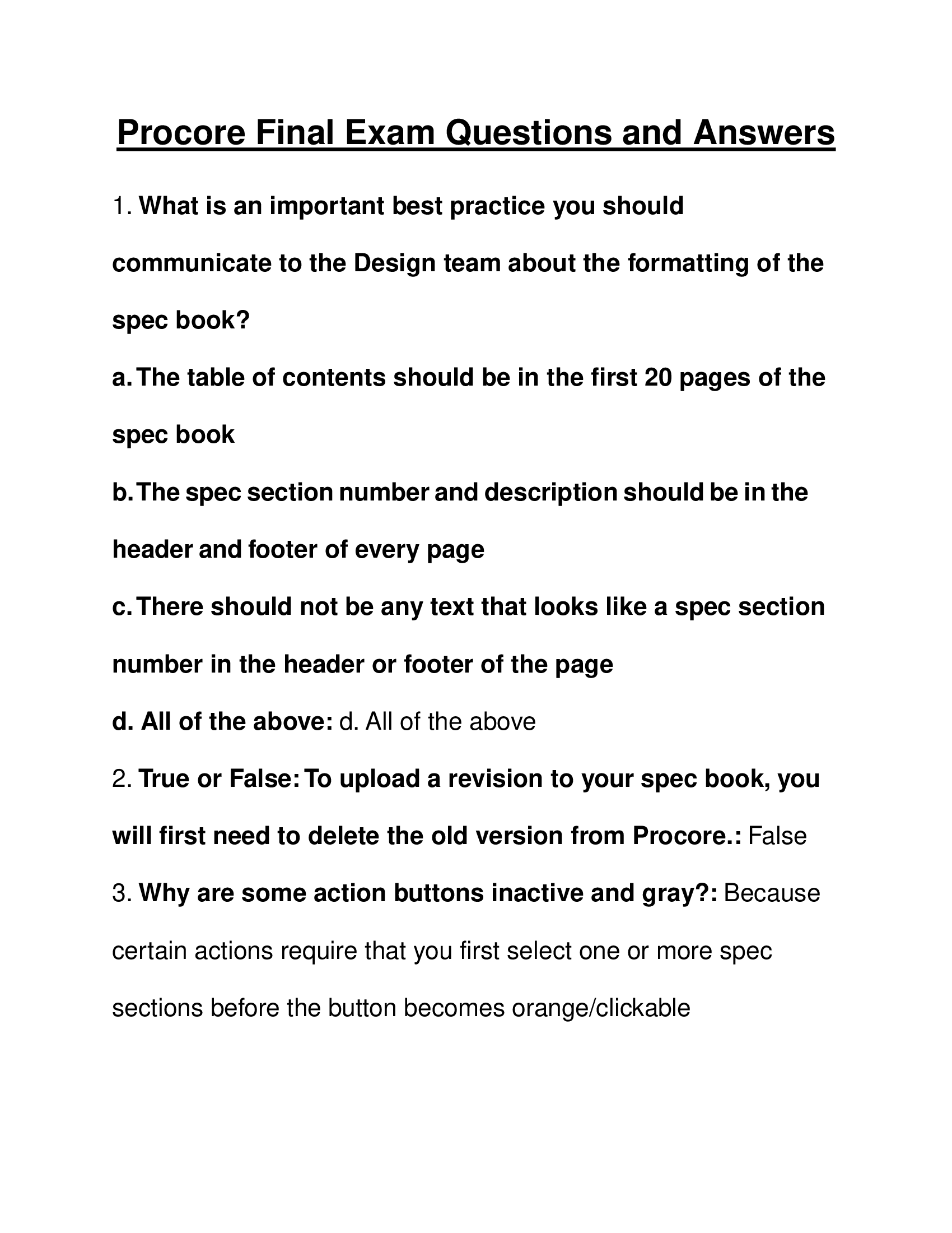 Final Exam Procore Questions and Answers