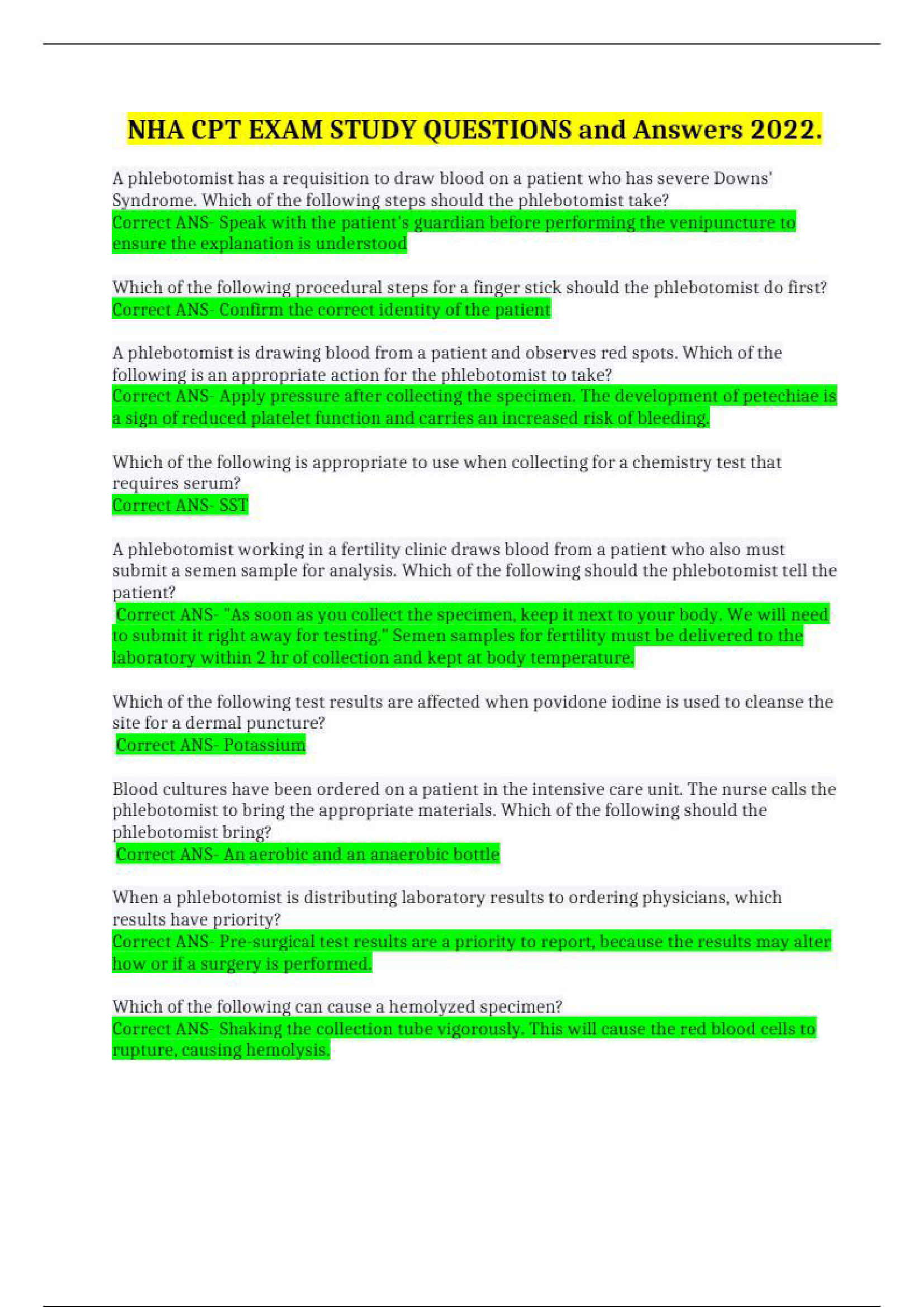 NHA CPT EXAM STUDY QUESTIONS and ANSWERS 2022