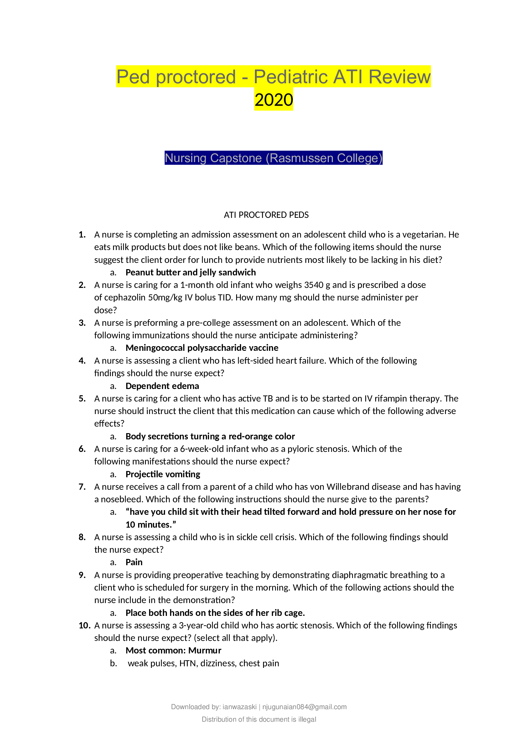 Ped proctored - Pediatric ATI Review 2020