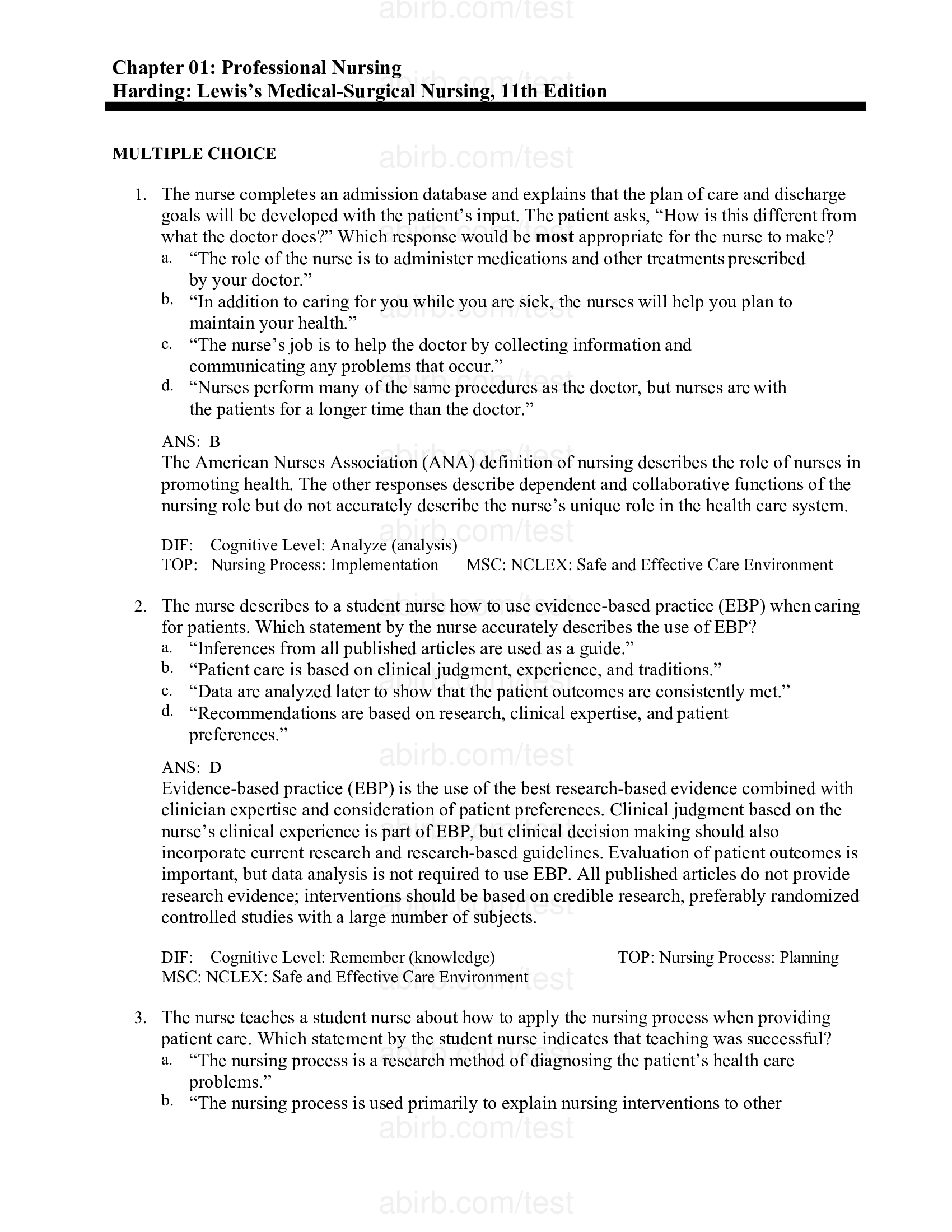 LEWIS’S MEDICAL SURGICAL NURSING 11TH EDITION BY HARDING TEST BANK