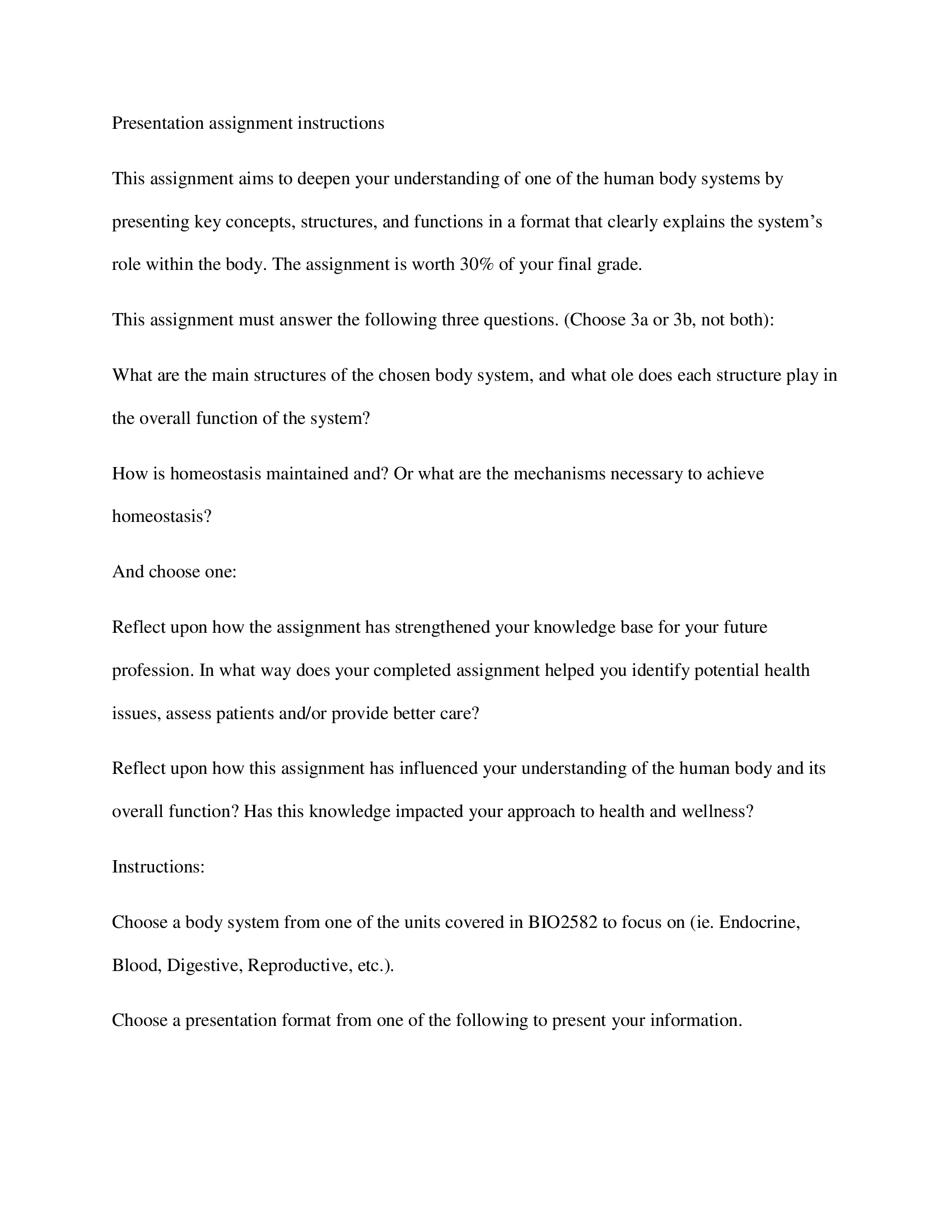 (Answered) BIO2582 Human Body Systems Presentation assignment