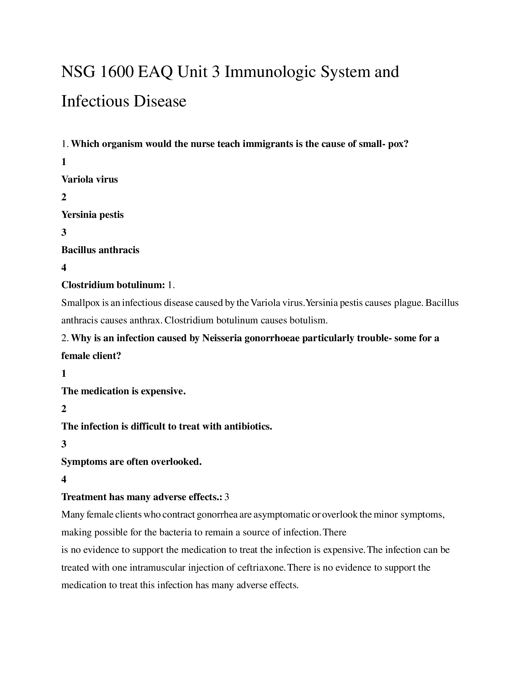 NSG 1600 EAQ Unit 3 Immunologic System and Infectious Disease 2023