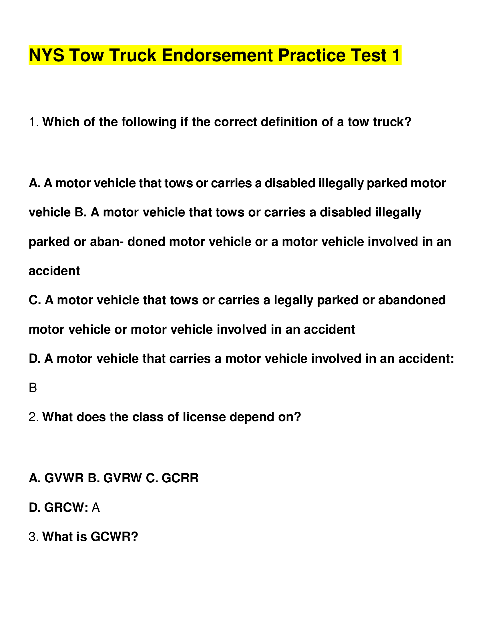 NYS Tow Truck Endorsement Practice  Real Test 1