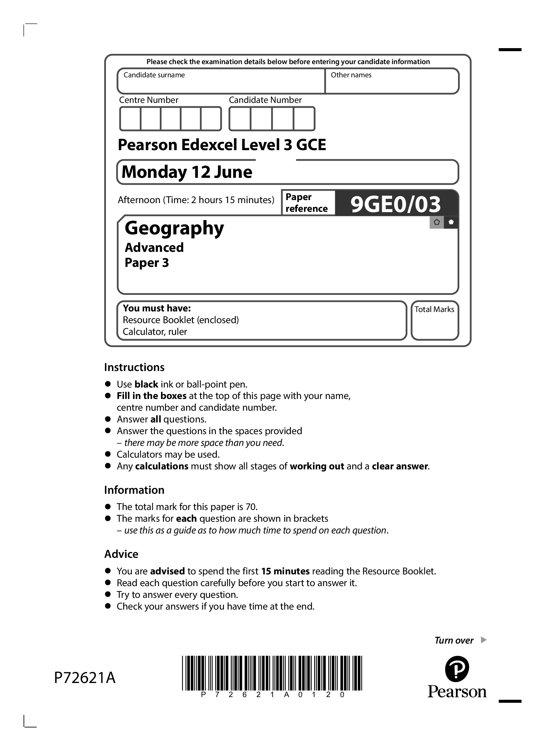 Pearson Edexcel A Level 3 GCE (9GE0,02) Geography Advanced PAPER 3 + mark scheme May 2026