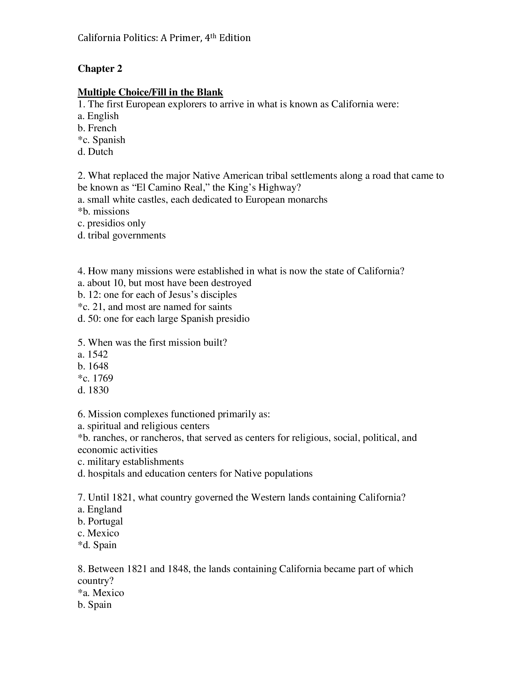 TEST BANK FOR CALIFORNIA POLITICS A PRIMER 4TH EDITION VECHTEN