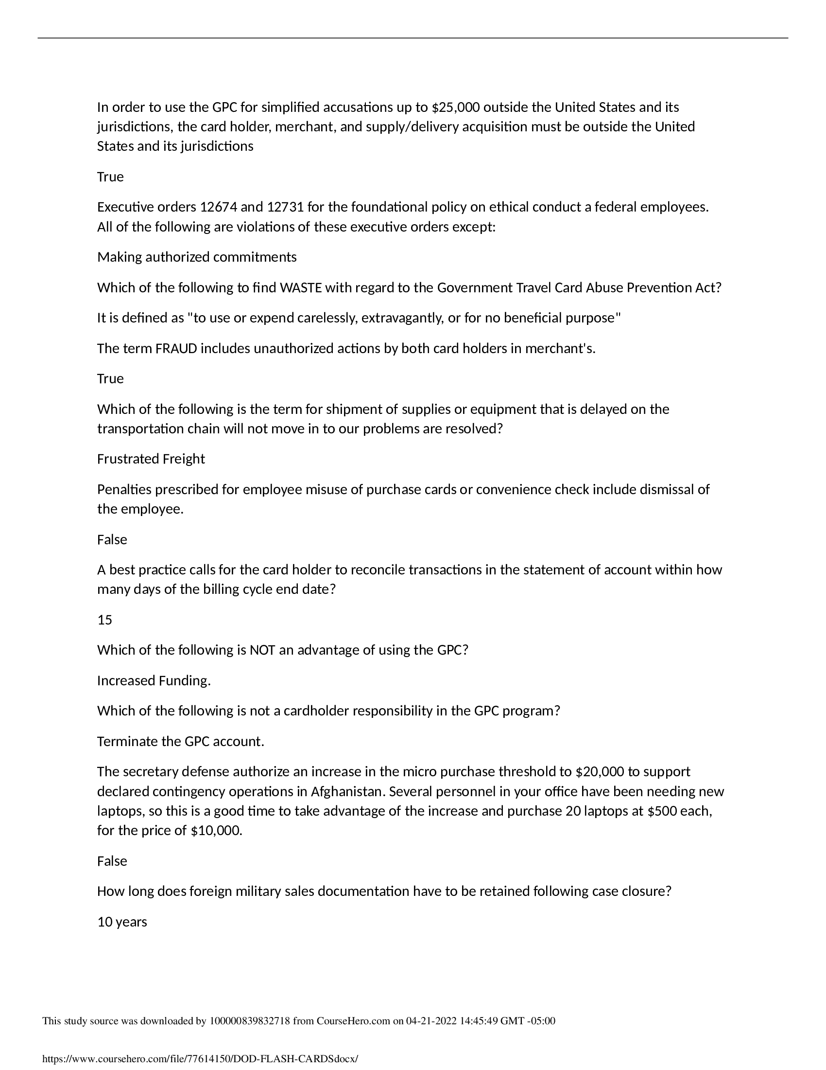 CLG 001 DoD Government Commercial Purchase Card Overview Exam