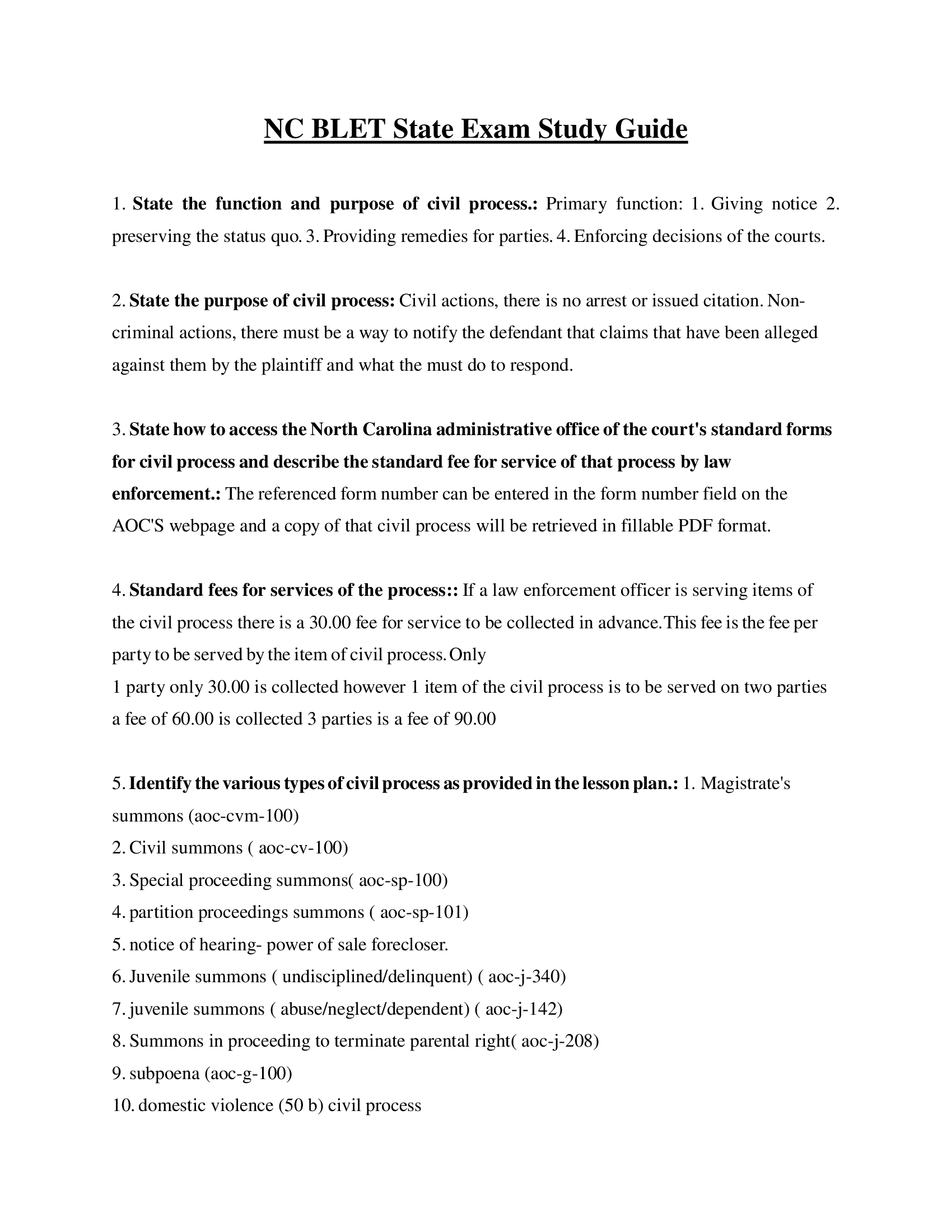 NC BLET State Exam Study Guide