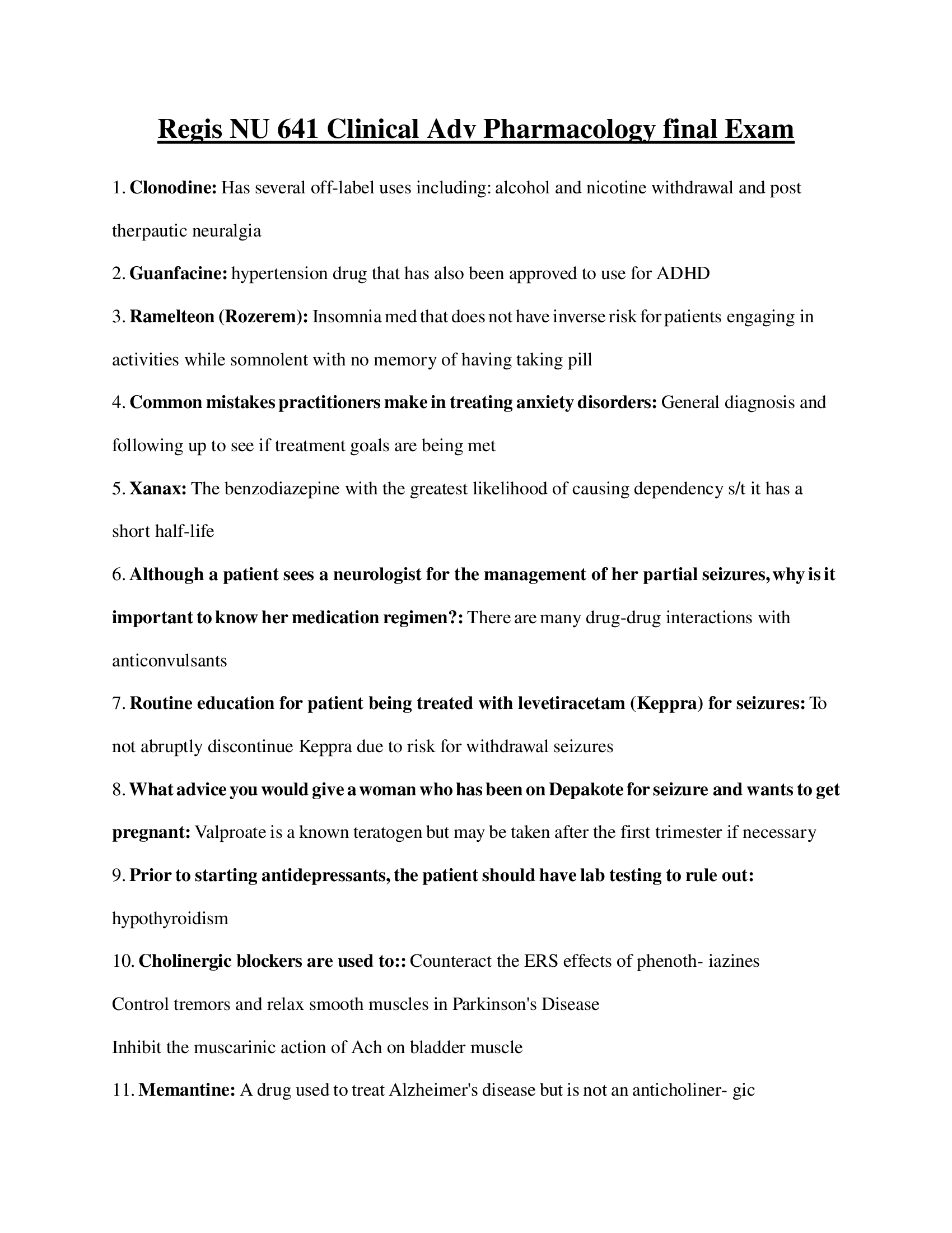 Regis NU 641 Clinical Adv Pharmacology final Exam 2023