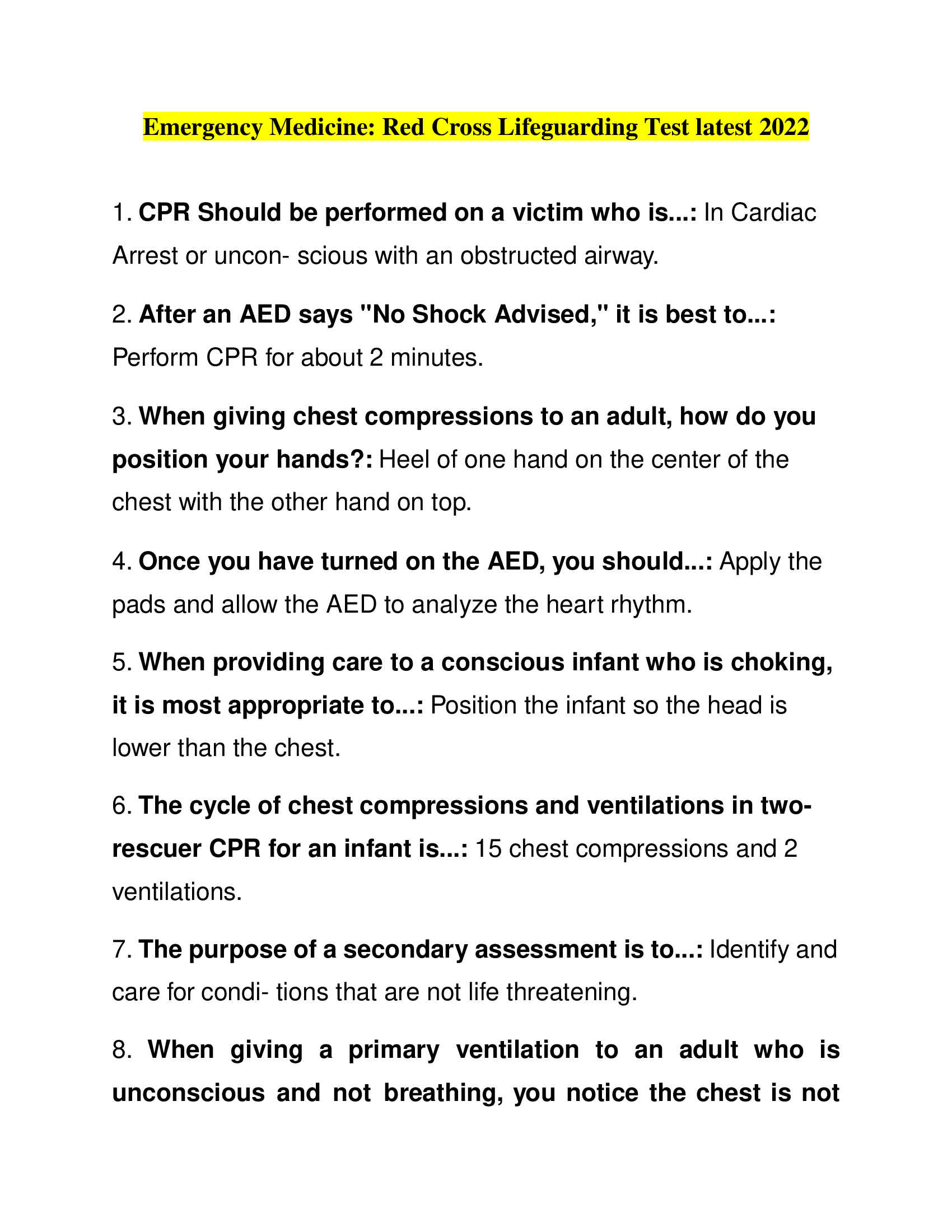 Emergency Medicine Red Cross Lifeguarding Test latest 2022