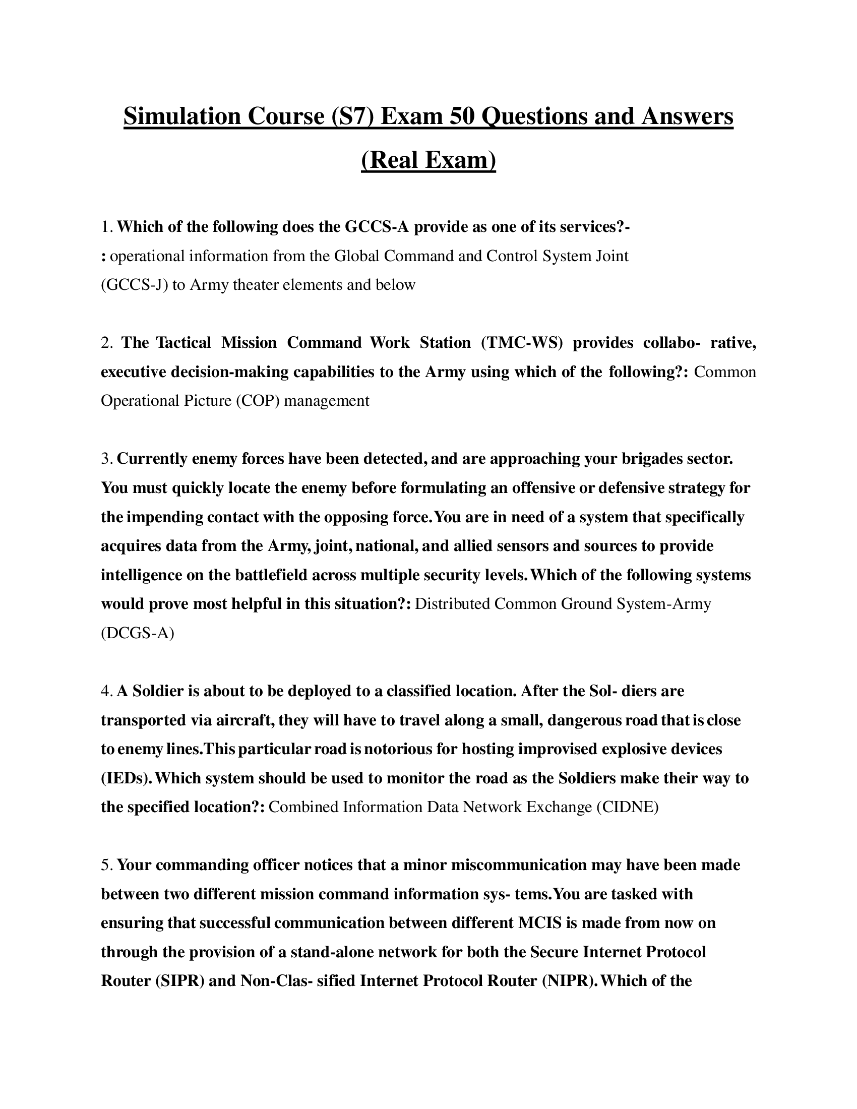 Simulation Course (S7) Exam 50 Questions and Answers (Real Exam)