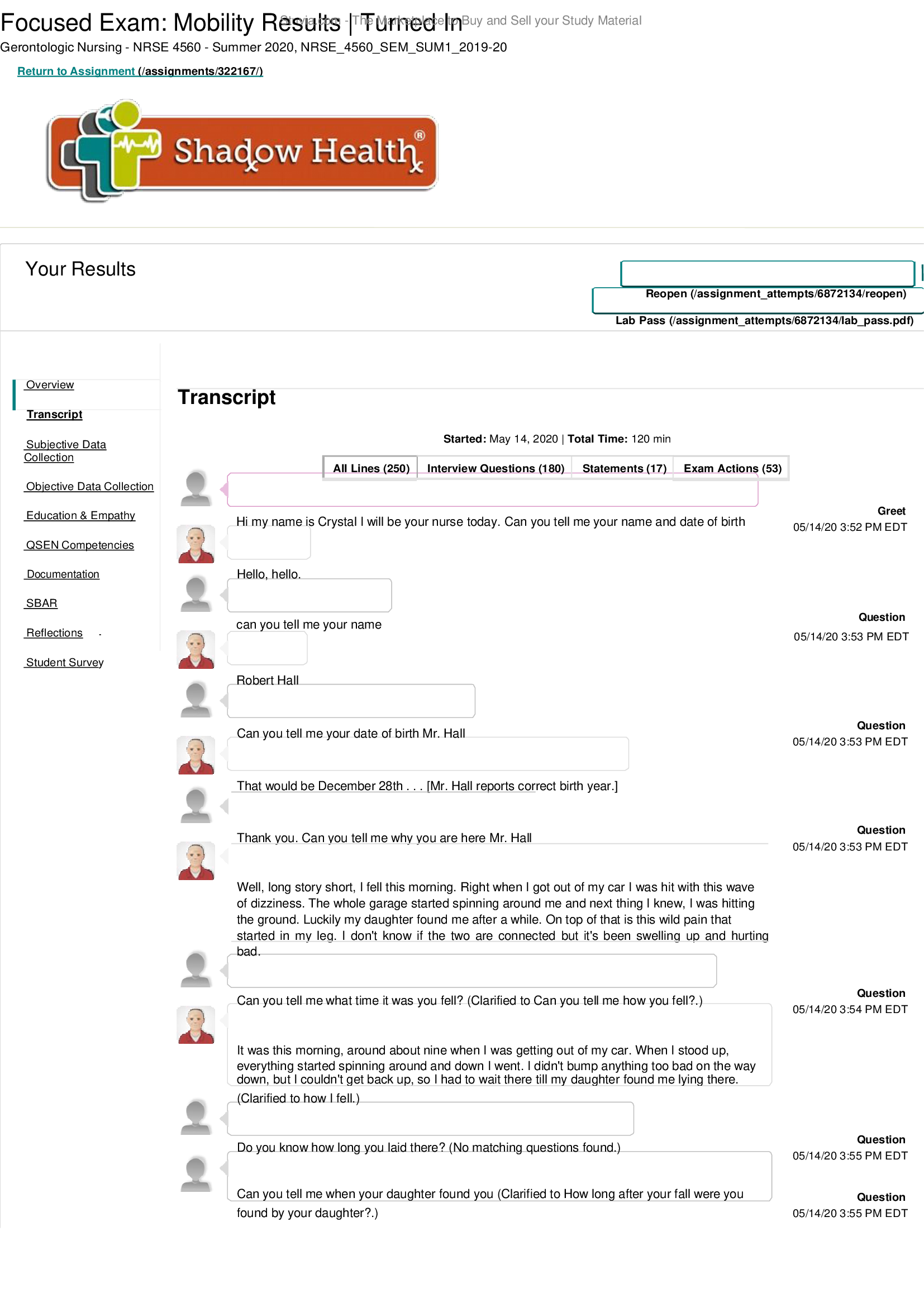 Robert Hall Mobility Shadow Health Exam: Comprehensive Graded Transcript