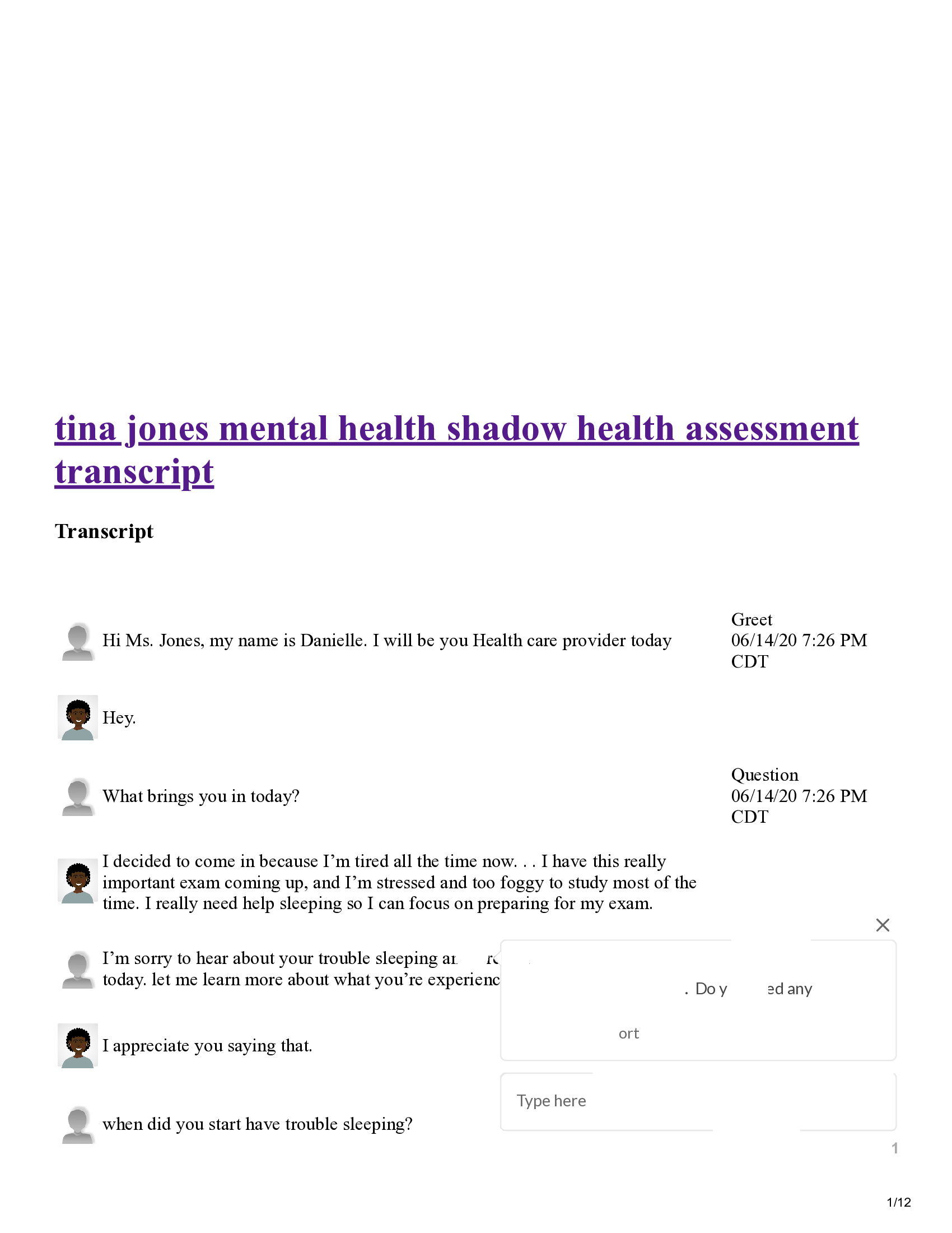 Tina jones mental health shadow health mental health assessment transcript