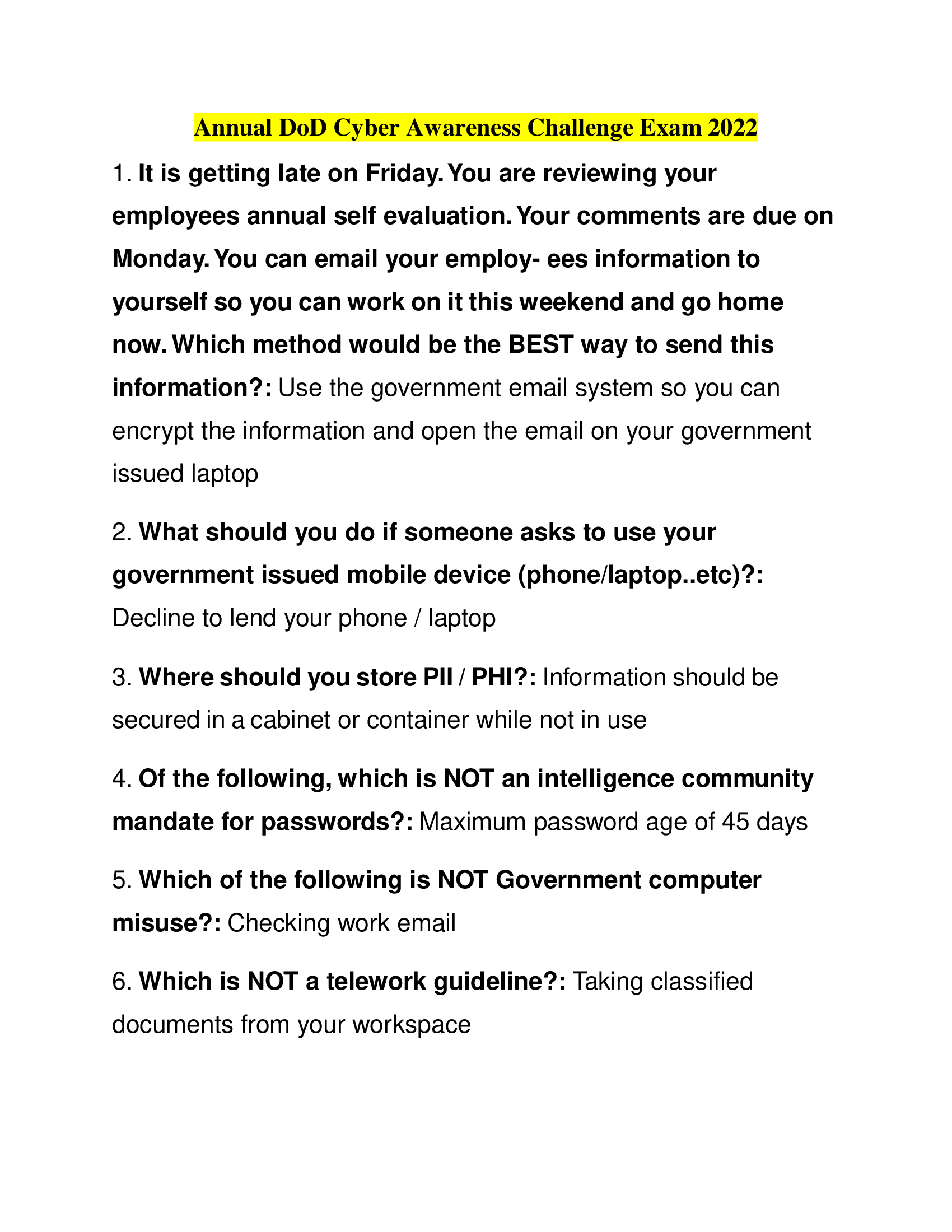 Annual DoD Cyber Awareness Challenge Exam 2022