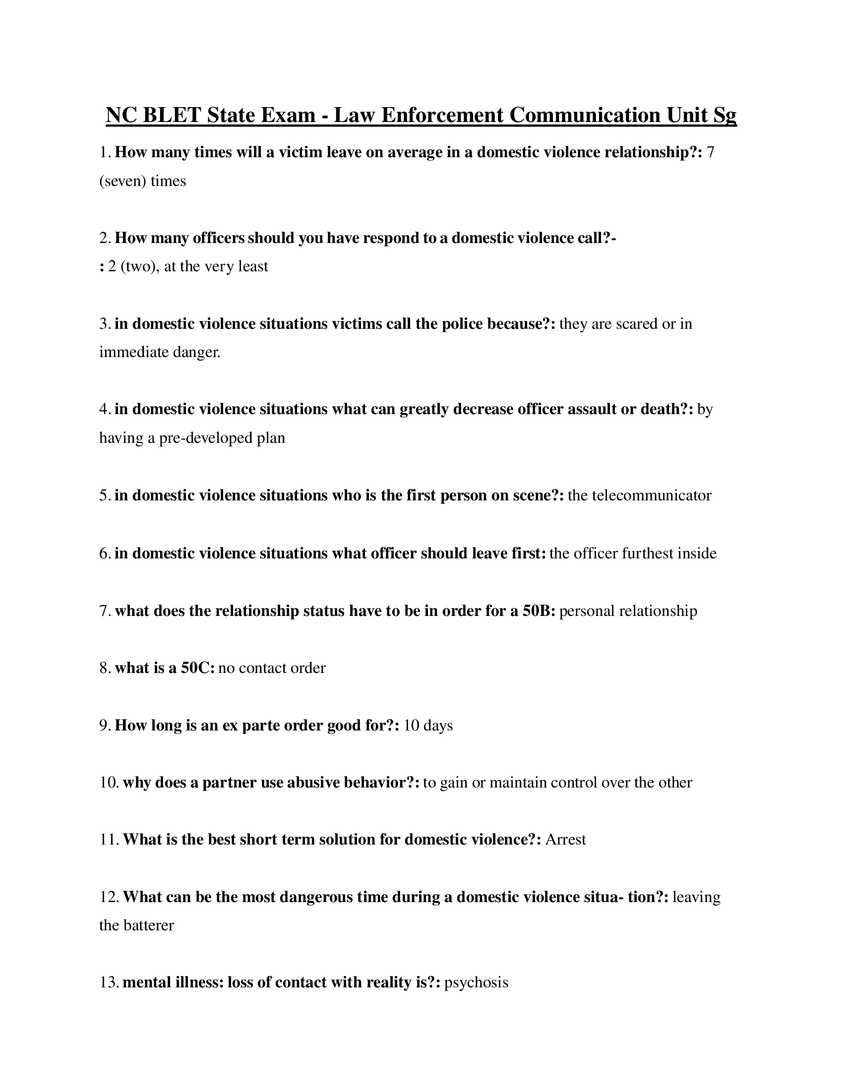 NC BLET State Exam - Law Enforcement Communication Unit Sg (Answered)