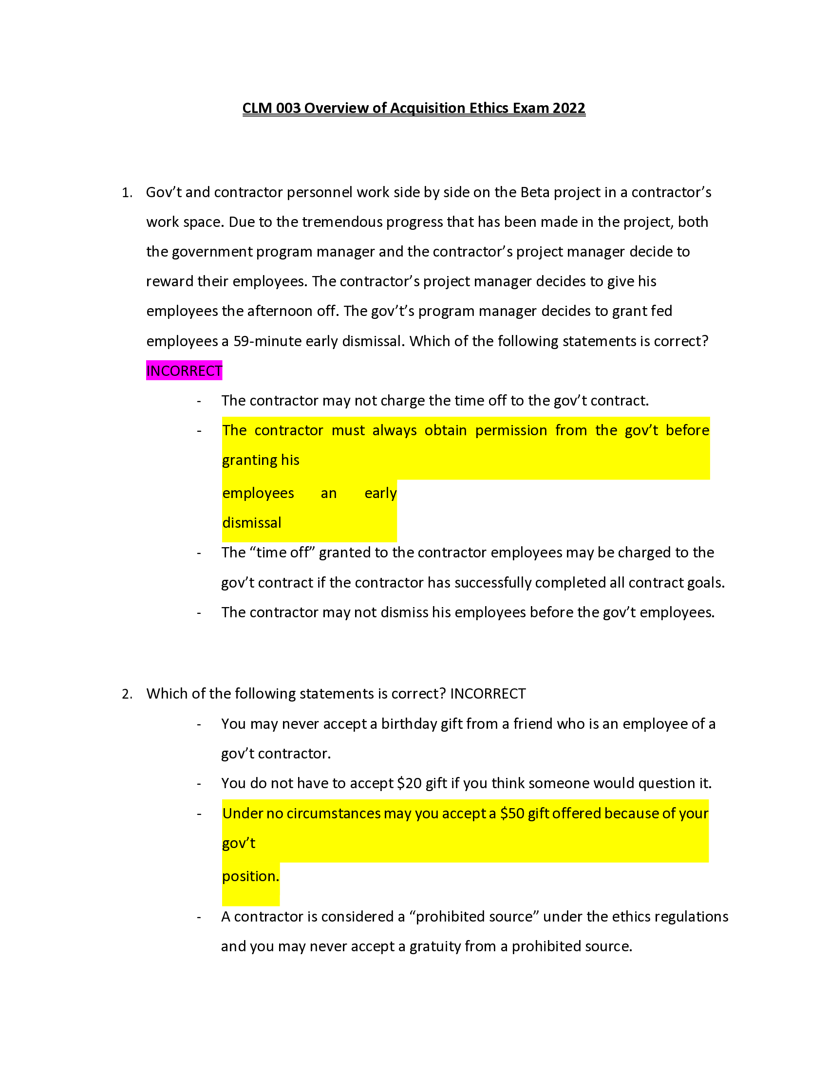 CLM 003 Overview of Acquisition Ethics Exam 2022