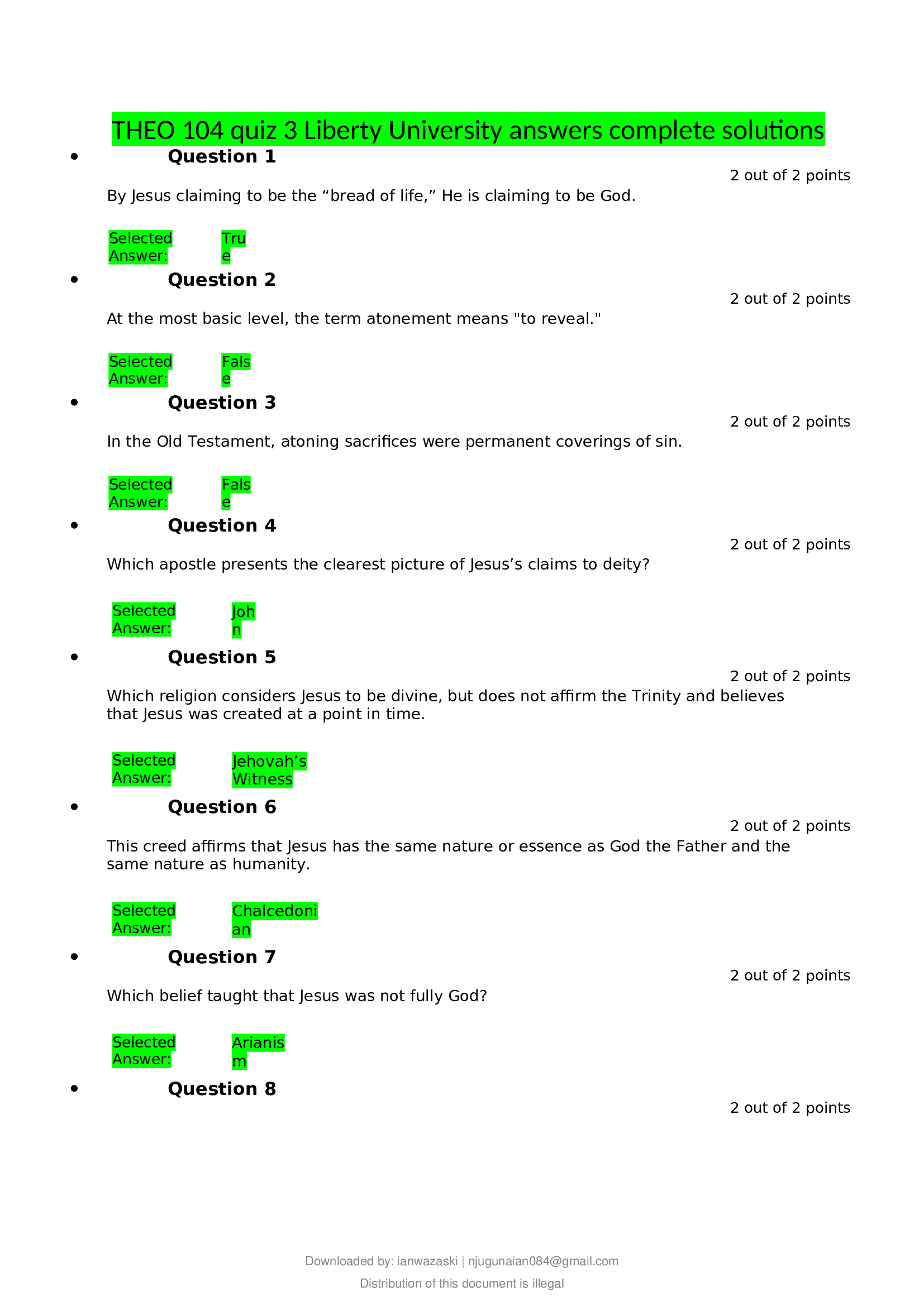 THEO 104 quiz 3 Liberty University answers complete solutions, QUALITY WORKING 2019,2020(Real quiz)