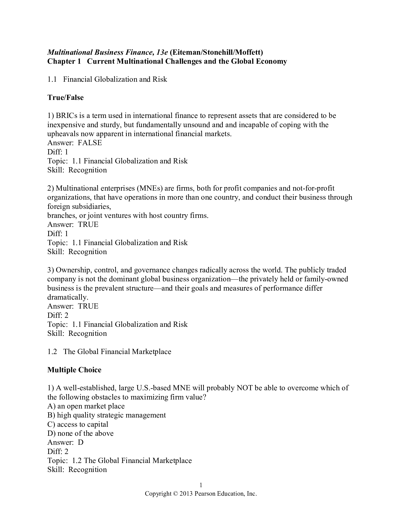 Test Bank For Multinational Business Finance 13th Edition By Eiteman