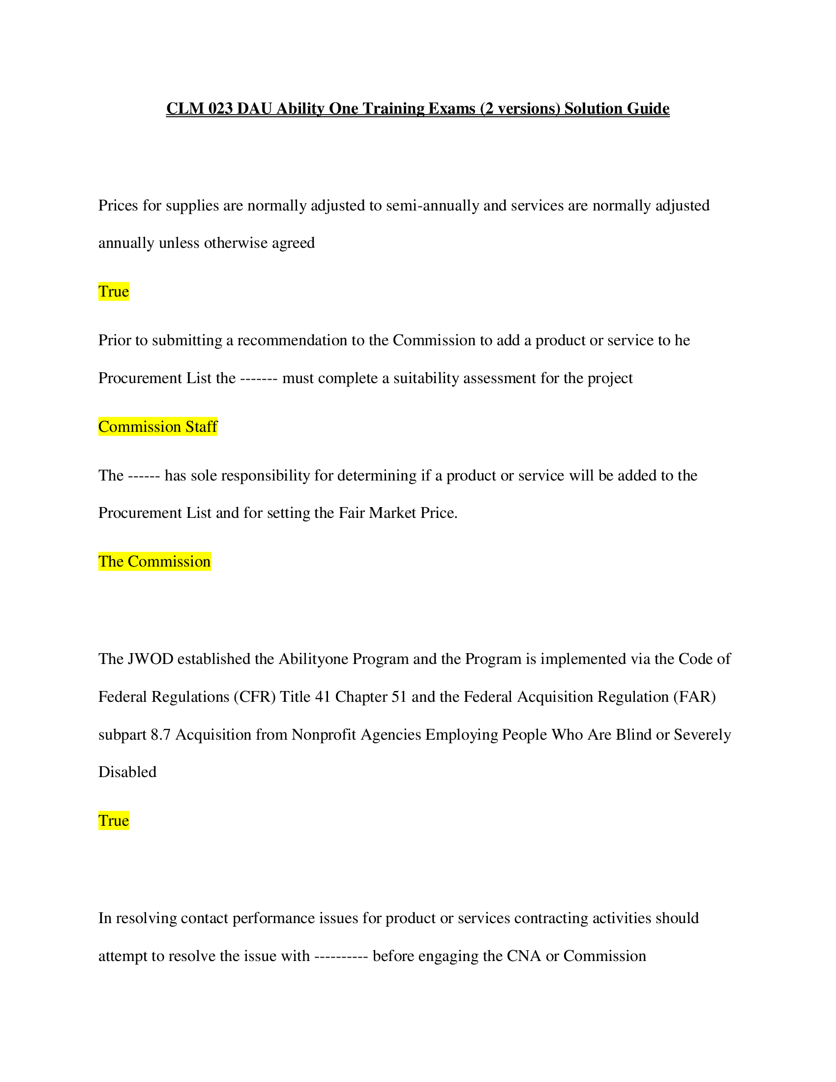 CLM 023 DAU Ability One Training Exams (2 versions) Solution Guide