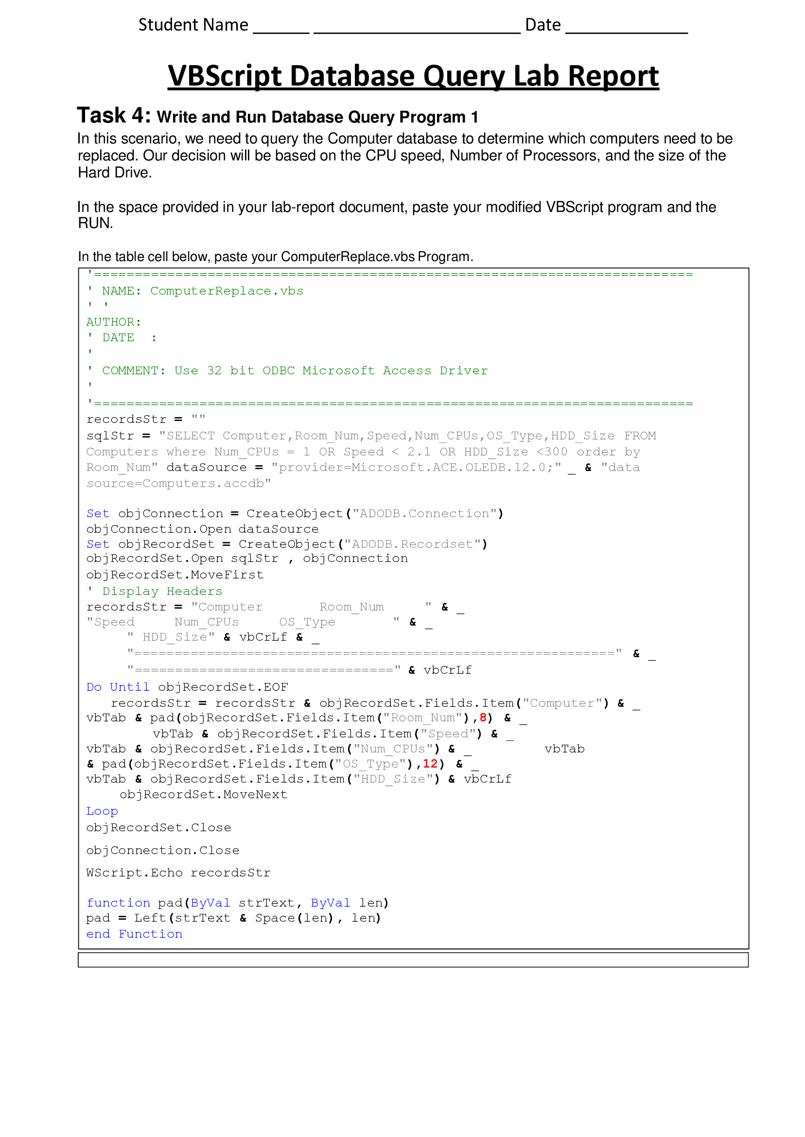 COMP 230 - iLab Report - Week - 7;VBScript Database Query Lab Report