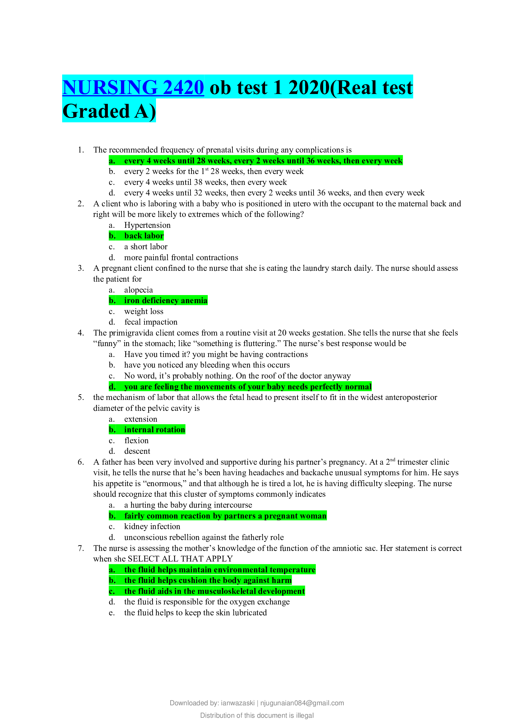 NURSING 2420 ob test 1 2020(Real test Graded A)