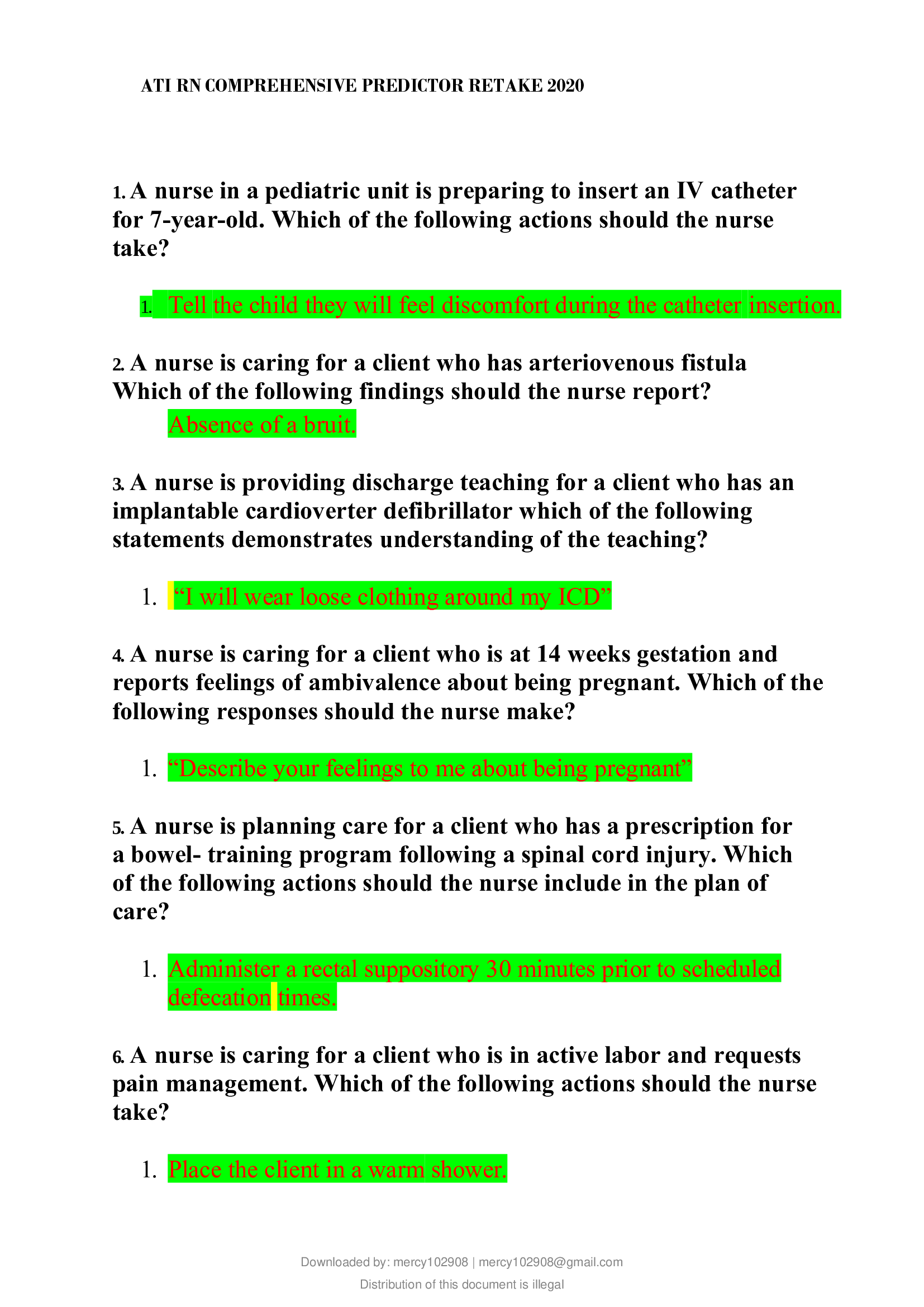 ATI RN COMPREHENSIVE PREDICTOR RETAKE 2020 100 Correct