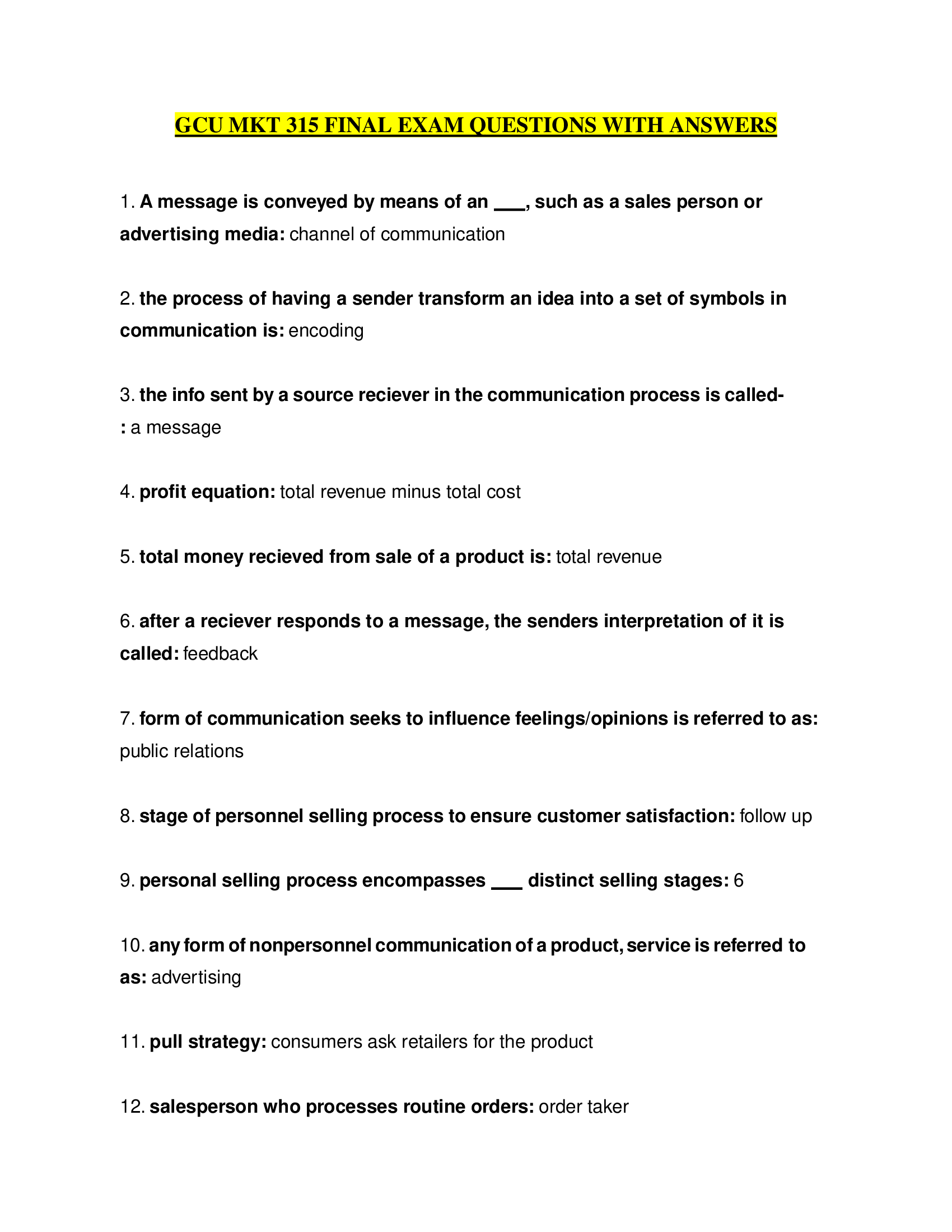 GCU MKT 315 Final Exam Questions With Answers (2023)