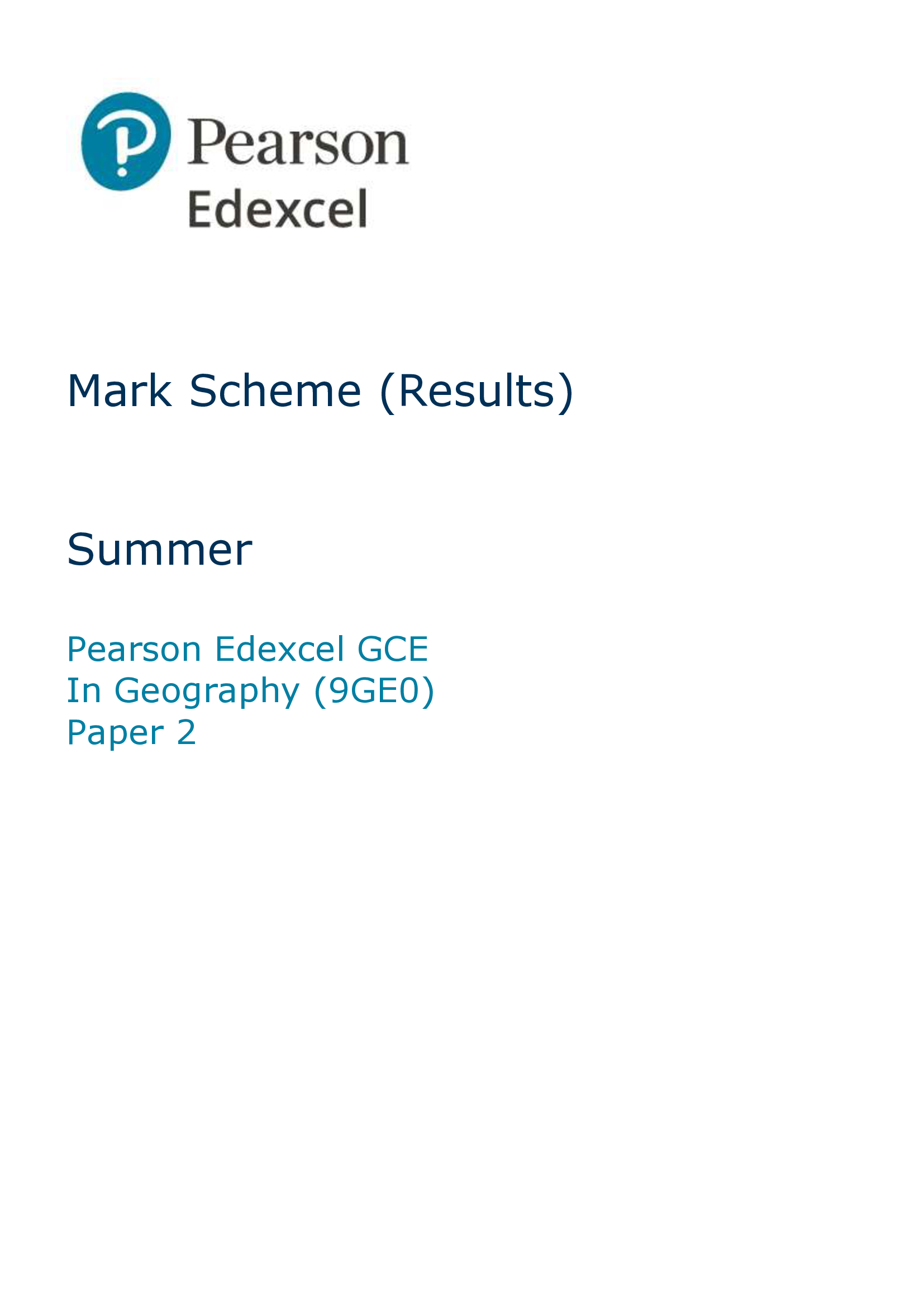 Pearson Edexcel A Level 3 GCE (9GE0,02) Geography Advanced PAPER 2 + mark scheme May 2026